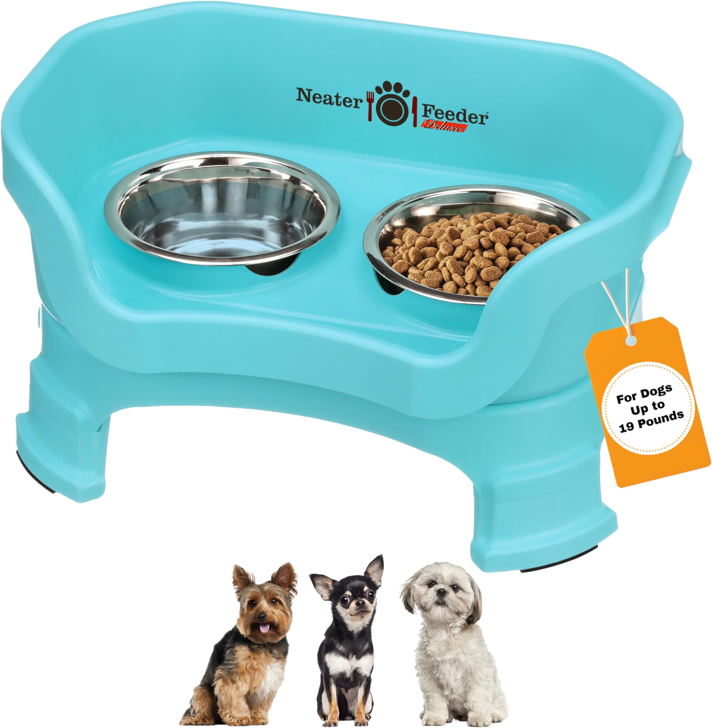 Neater Feeder Deluxe Mess-Proof Elevated Dog Bowls for Small Dogs (Up to 19 lbs), 2 Height Adjustable (6” & 7.5”) No-Spill Raised Dog Bowl Stand, Stainless Steel Food Bowl Set, Made in USA, Aquamarine