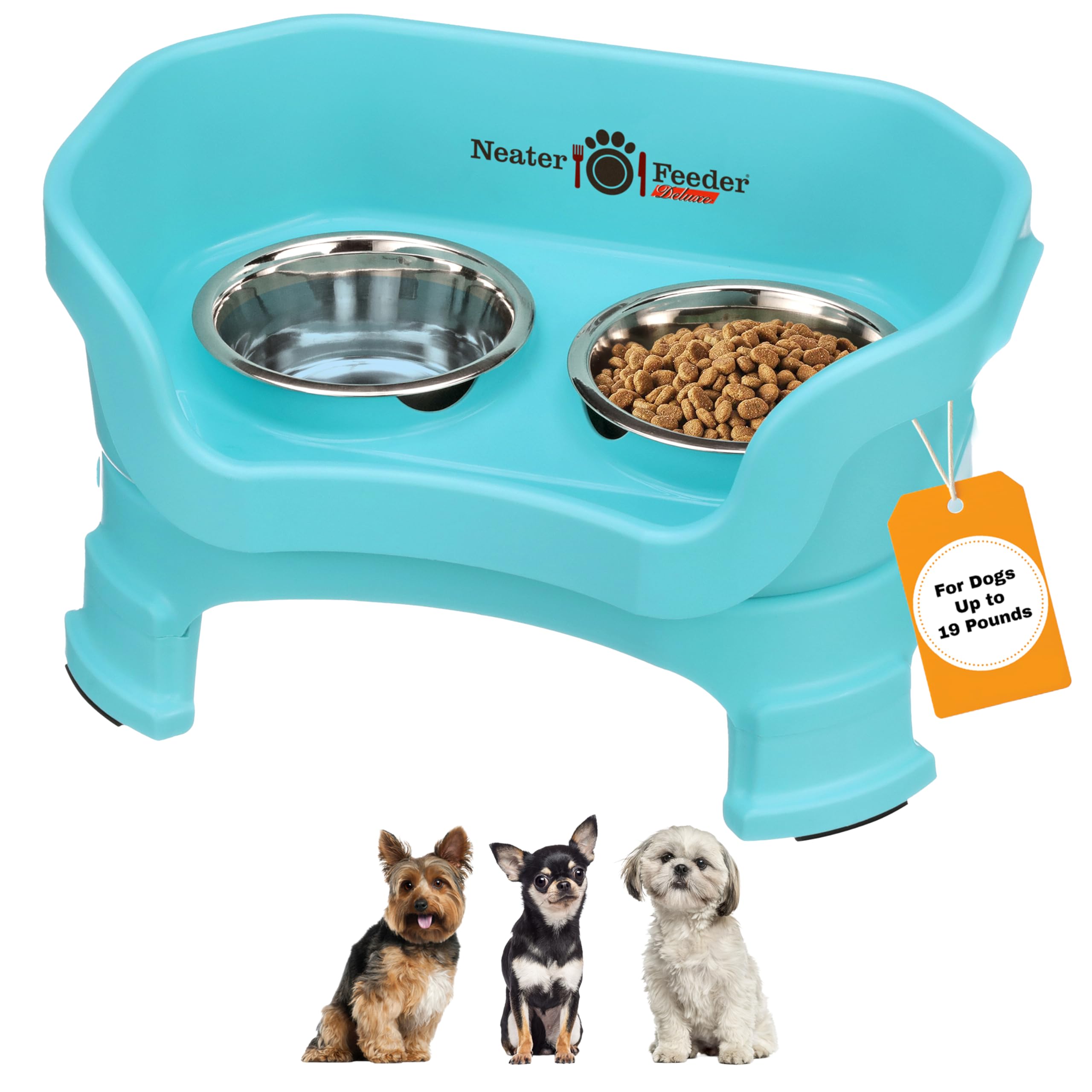 Neater Feeder Deluxe Mess Proof Dog Bowls Elevated for Small Breeds – Made in USA – No Spill Raised Dog Food Bowl Stand w/Leg Extensions – Stainless
