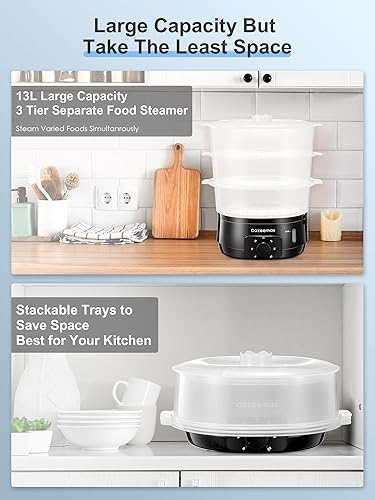 Miniatura 3 de Vaporizador eléctrico de alimentos, 13.7 cuartos de galón, vaporizador digital de 3 niveles para cocinar con cita de 800 W, sin BPA, apto para