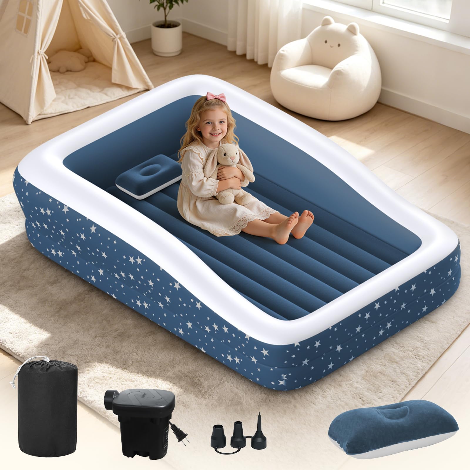 Inflatable Toddler Bed for Travel Safety Guard Rails 300lb Capacity Blue