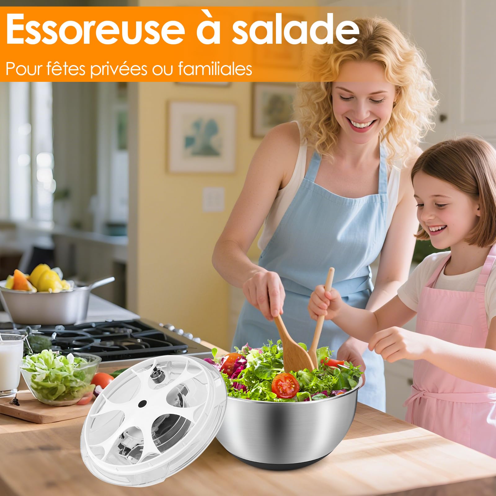Essoreuse À Salade en Acier Inoxydable 4,5L, Saladier avec Couvercle Et Base Antidérapante, Essoreuse À Salade INOX Idéale pour Égoutter Légumes Et Pâtes