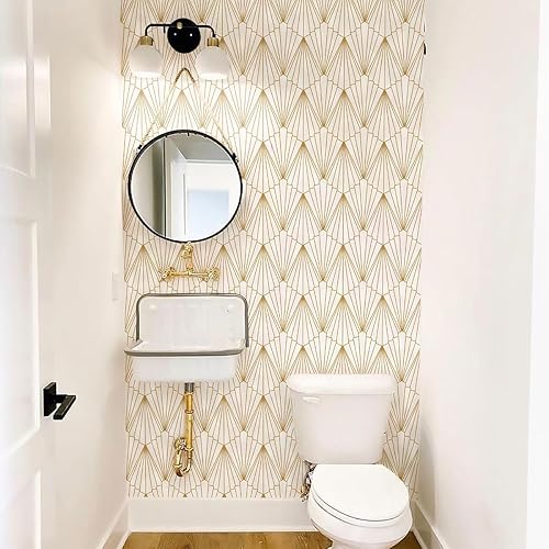 Miniatura 7 de Jeweluck Papel tapiz dorado y blanco para despegar y pegar, papel de contacto geométrico de 17.7 x 118.1 pulgadas, papel tapiz dorado para pegar y