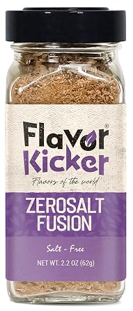 FlavorKicker Zero Salt Fusion 21 Spices Complete All Purpose Seasoning with No Salt, 2.2 oz. no additives, no preservatives. Non GMO.