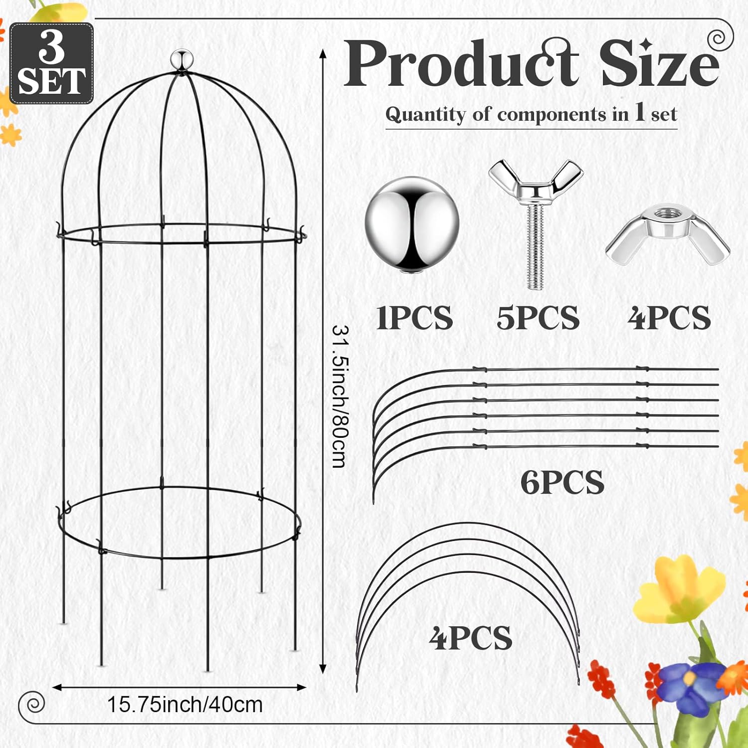 Geelin 3 Pieces Metal Plant Cage Support 31.5 Inch Large Sturdy Bird Cage Plant Support Through Metal Flower Trellis Garden Decor for Outdoor Yard Peonies Baptisia Sedum Rose Tomato