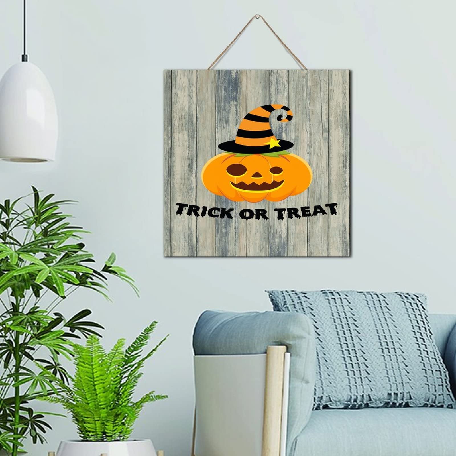 Décoration Trick or Treat suspendue en bois rustique pour buanderie et garde-manger