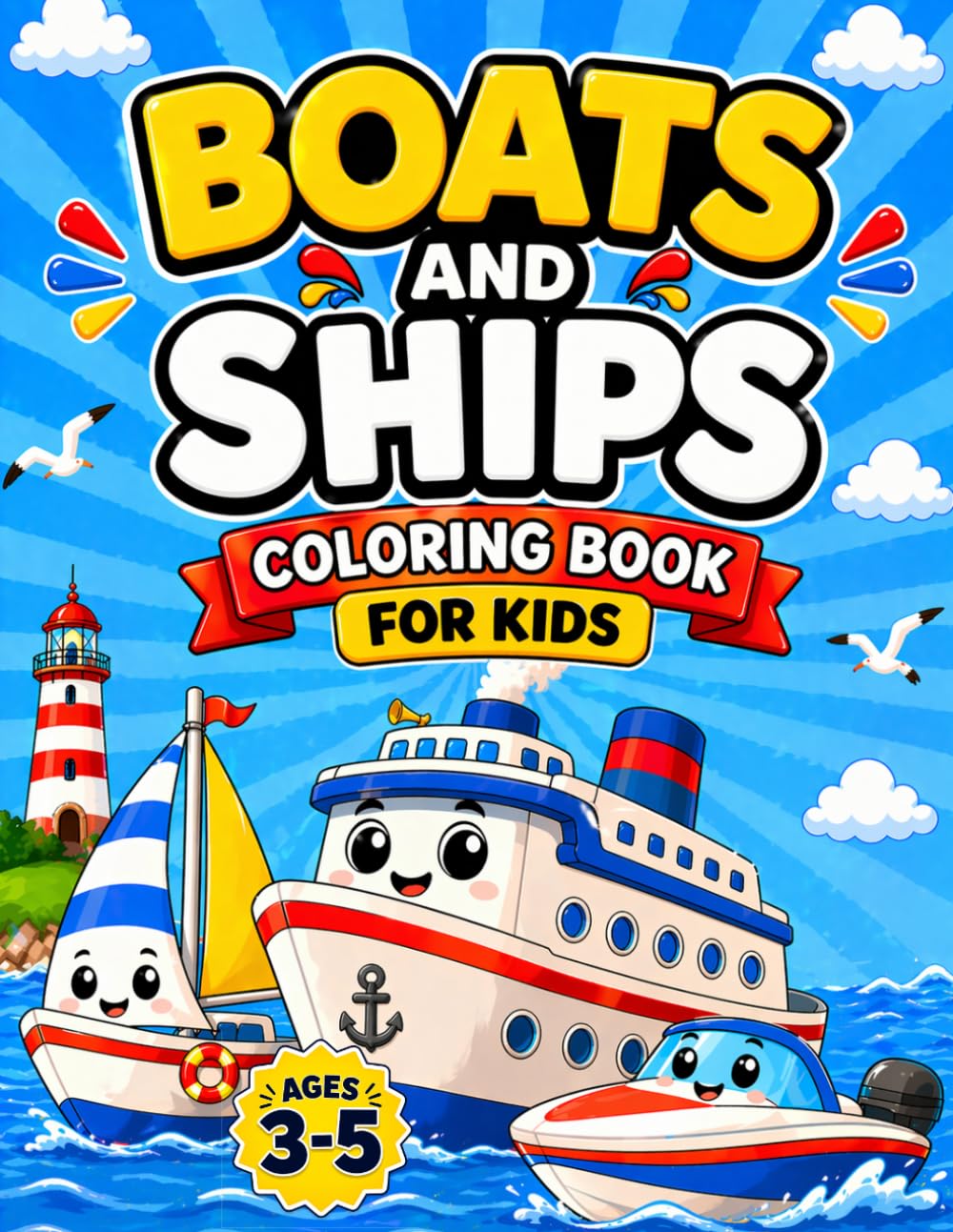 Boats and Ships Coloring Book for Kids Ages 3–5: Cute and Easy Ocean Vehicles, Big Simple Designs for Toddlers, Fun and Relaxing Coloring Book