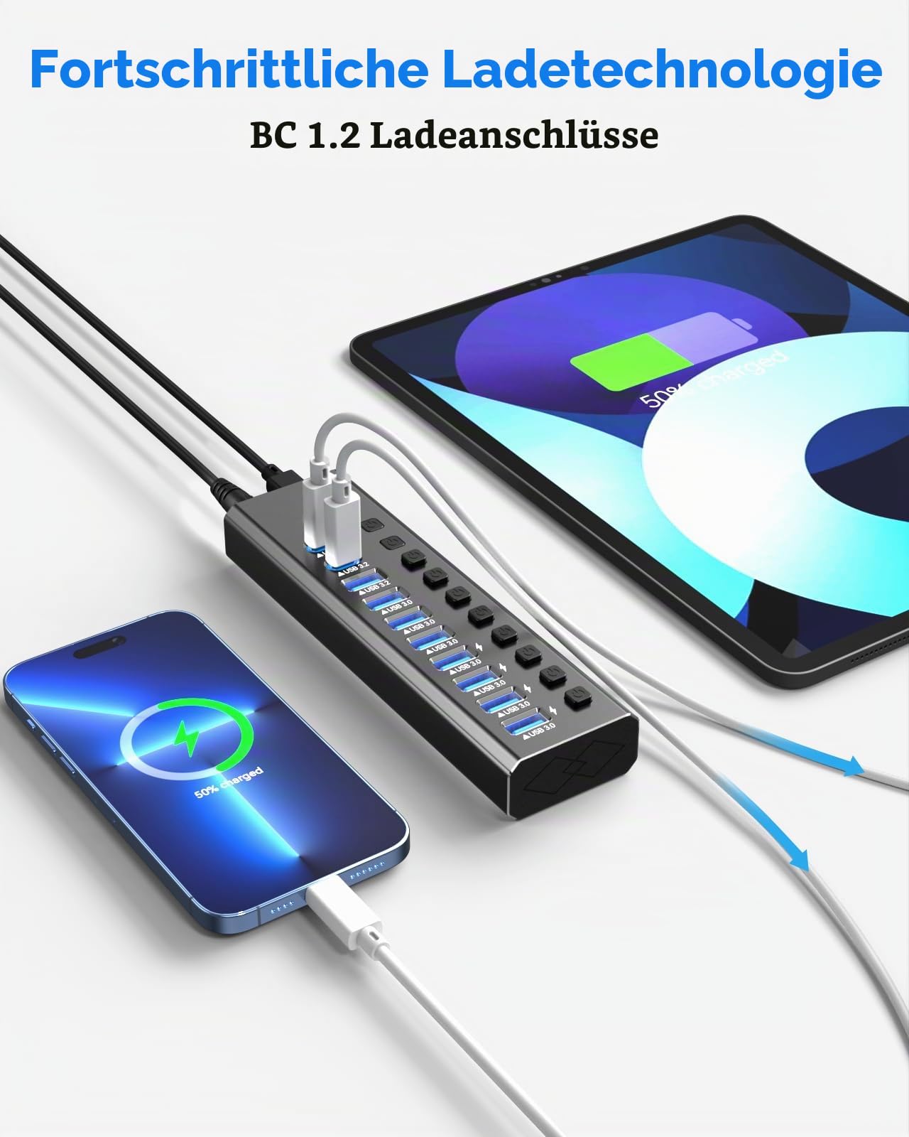 Powered USB Hub 3.2, 10-Port USB3.2/USB C Hub (10Gbps USB-A 3.2 +2 USB-C 3.2 +7 USB 3.0 Ports) mit individuellen EIN/Aus-Schaltern und 12V Power Adapter, Aluminium USB Hub Powered für Laptop PC
