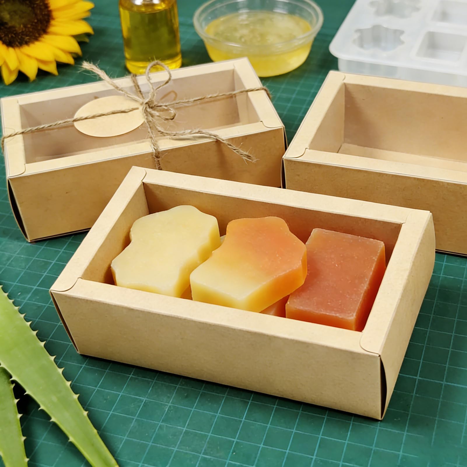 Confezione da 30 scatole in carta kraft con finestra, scatola regalo per sapone, dimensioni esterne 16,5 x 8,9 x 5,1 cm, piccola scatola regalo con etichette vuote, corda di iuta e rafia, ideali per