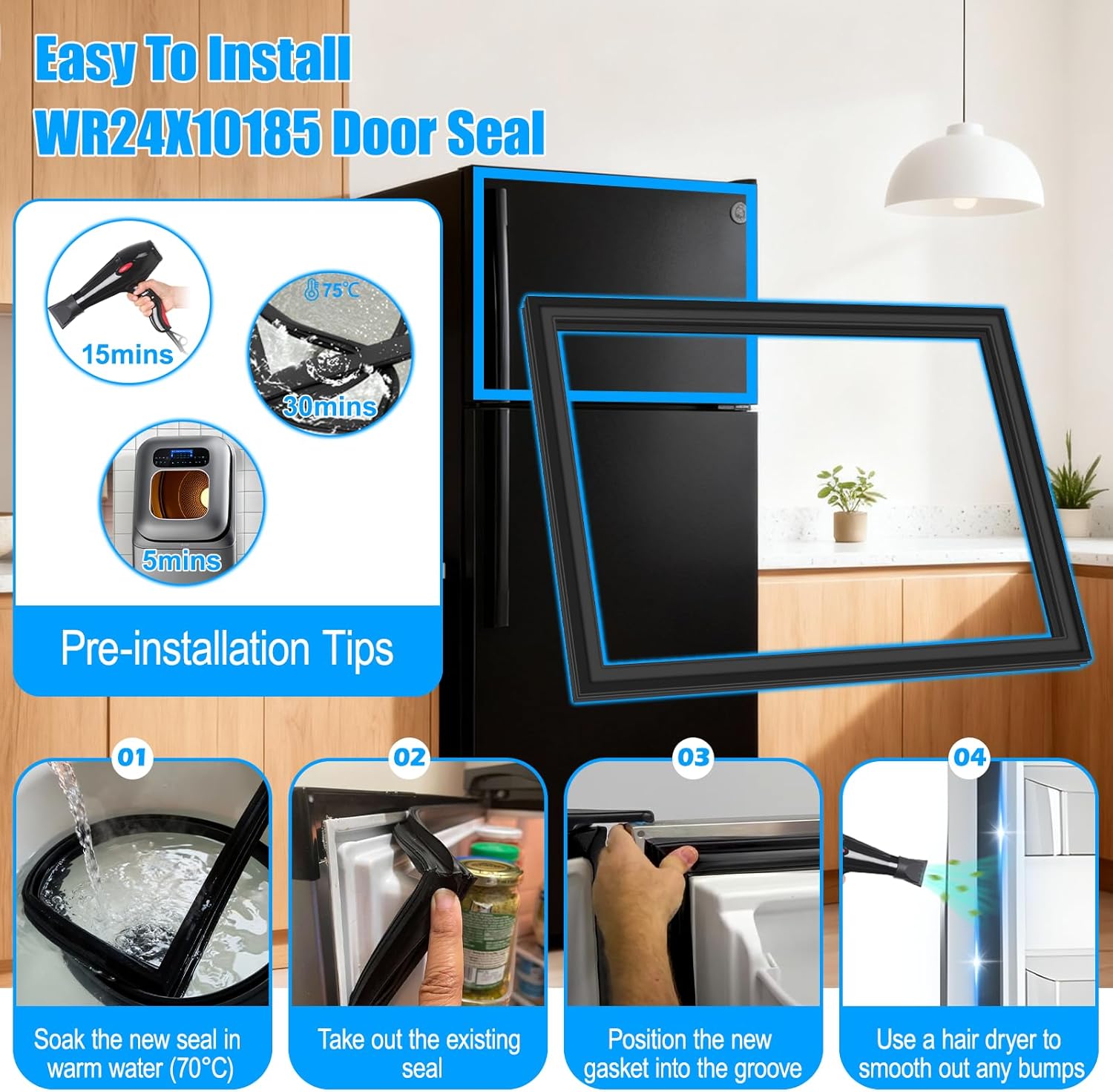 Upgraded WR24X10185 Freezer Door Seal Compatible with GE Refrigerator Freezer Door Gasket Replacement WR24X10099 1169944 AP3861330 For Hotpoint Refrigerator Door Gasket Freezer Seal Replacement Black