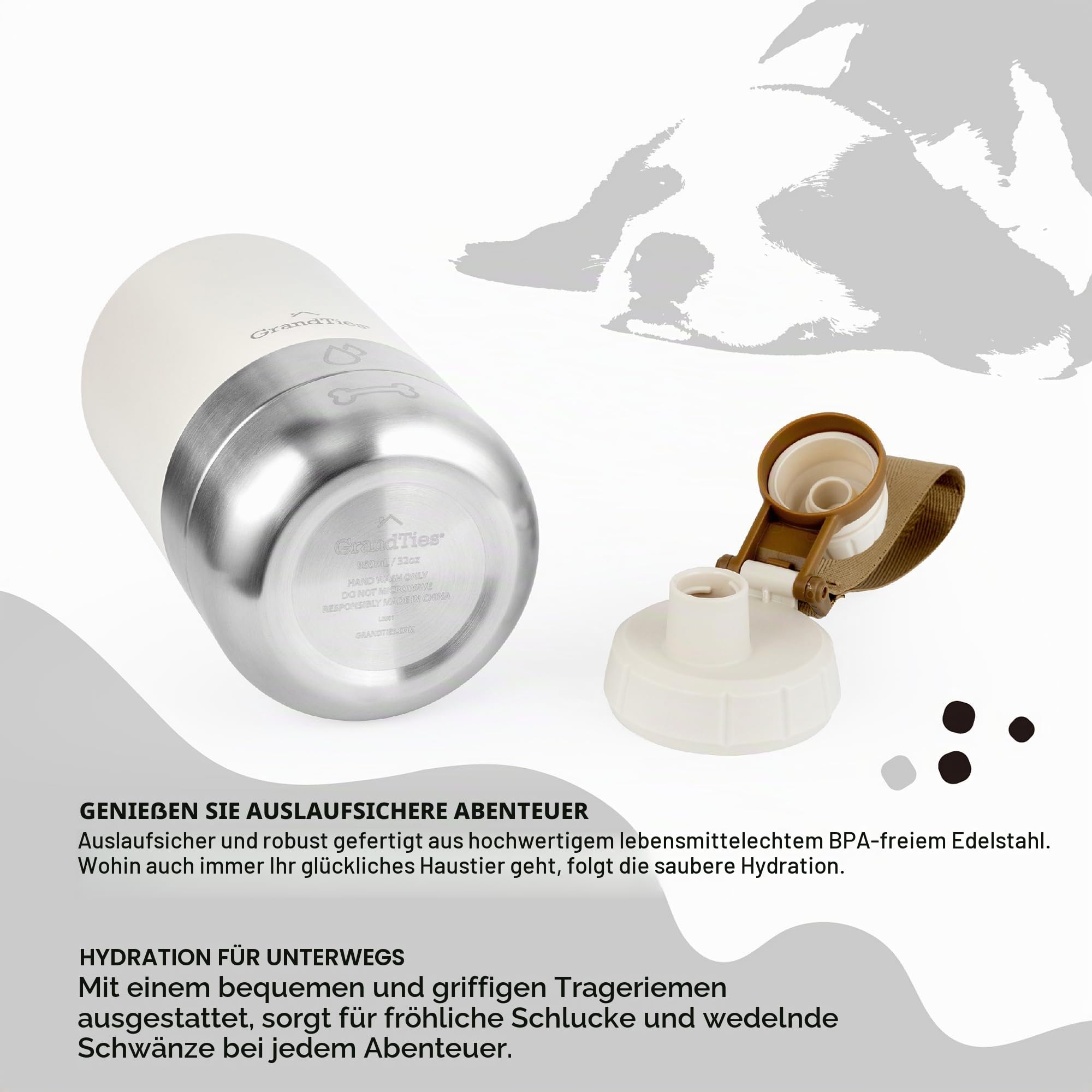 GrandTies Isolierte tragbare Hundewasserflasche mit 2 abnehmbaren Hundenapfspender, auslaufsicherer Reisebehälter für Hundefutter, Hundezubehör für Spaziergänge, Wandern, Camping (950 mL, Pudergrün)