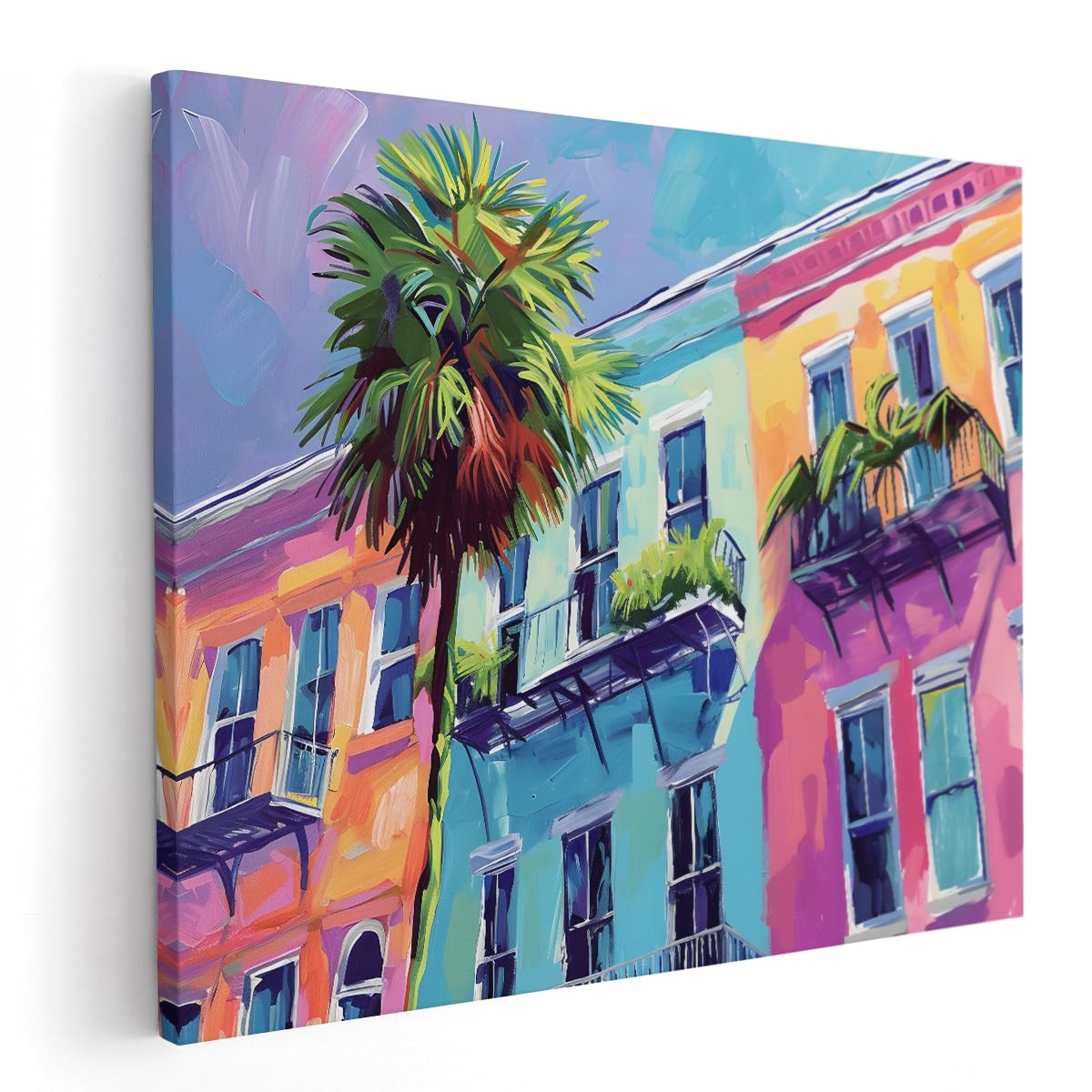 Artaza Leinwand Bilder Bunte Häuserfassade - 50x40 cm - Wandbilder Karibik - Wanddeko Palme - Deko Schlafzimmer