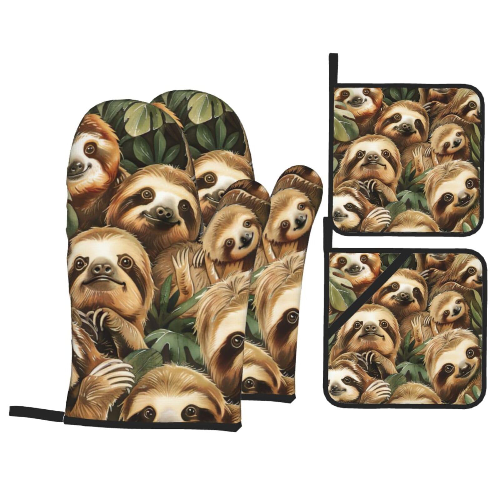 Cute Sloth Print 4-Piece Oven Microwaving Set Kitchen Gloves for Holiday Cooking Baking Grilling