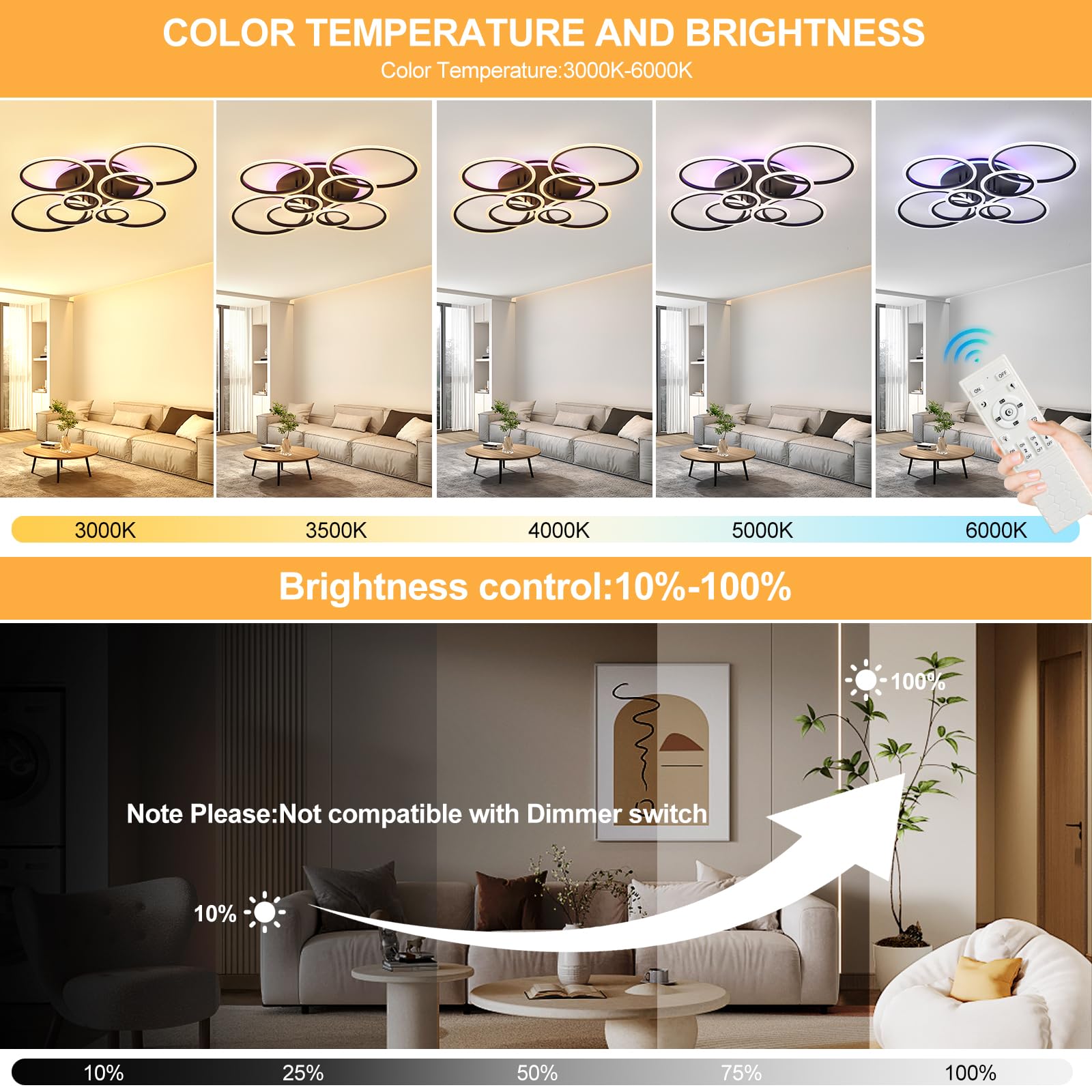 LED Deckenleuchte Schwarz 80W,8-Ringe Deckenlampe Dimmbar | 3000-6000K Moderne Wohnzimmer Deckenleuchte mit Fernbedienung und Memory Funktion,105×85cm für Schlafzimmer Küche Flur