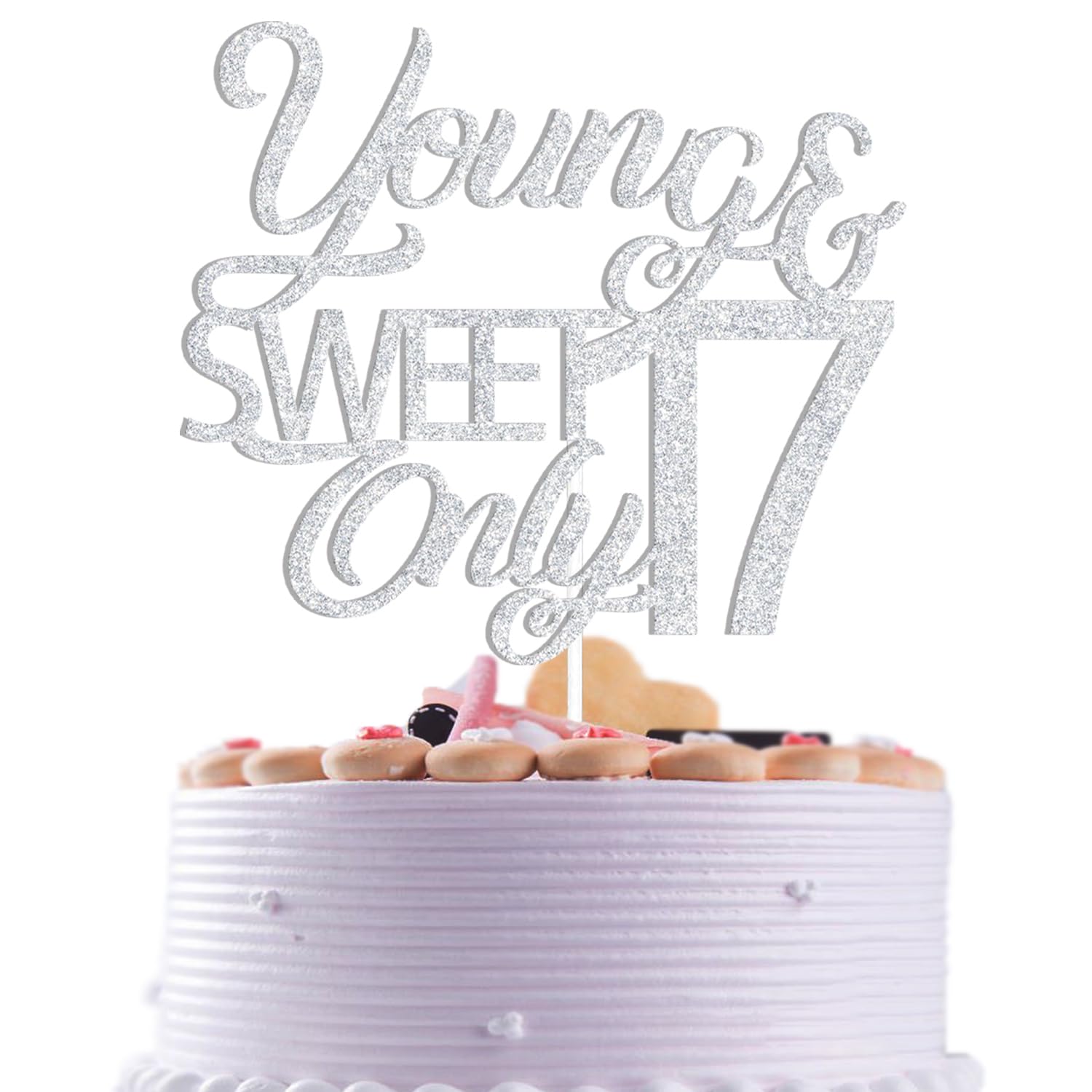 Silver Glitter Young & Sweet Only 17 Cake Topper, Happy Girls 17th Birthday Cake Decorations, Hello 17, Cheer 17 Years Old Party Decor Supplies