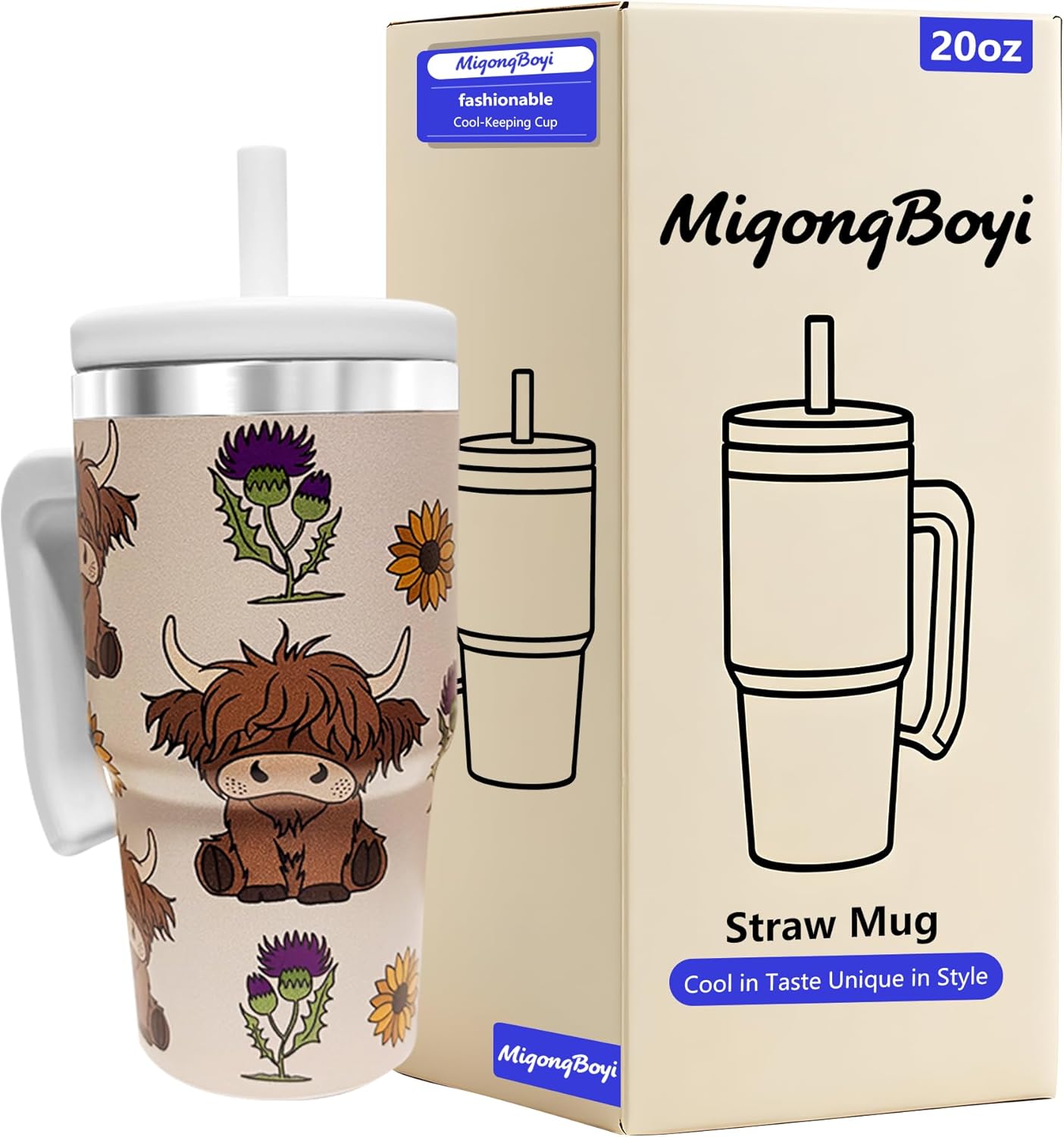 20-OZ Insulated Water Bottle,Insulated Stainless Steel Tumbler,Reusable Cold Drink Thermos,BPA-Free, Double-Wall Stainless Steel Water Bottle (Cream-Higland cow, 20, Fluid Ounces)