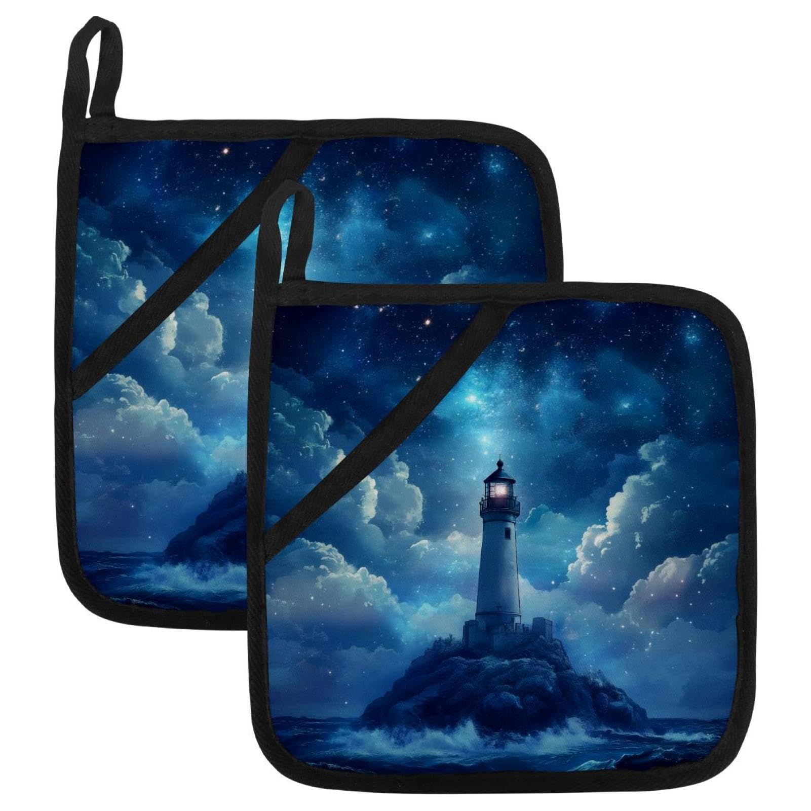Lighthouse Night Sea Oven Mitts and Pot Holders 2pcs Set, Kitchen Oven Glove & Hot Pad High Heat Resistant for Cooking Accessories, Home Kitchen Gifts