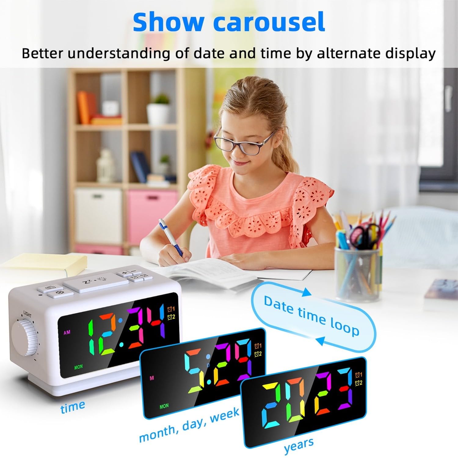 DollaTek RGB Sveglia Digitale Radio FM Sveglia con 2 Porte USB Timer Snooze (Bianco)
