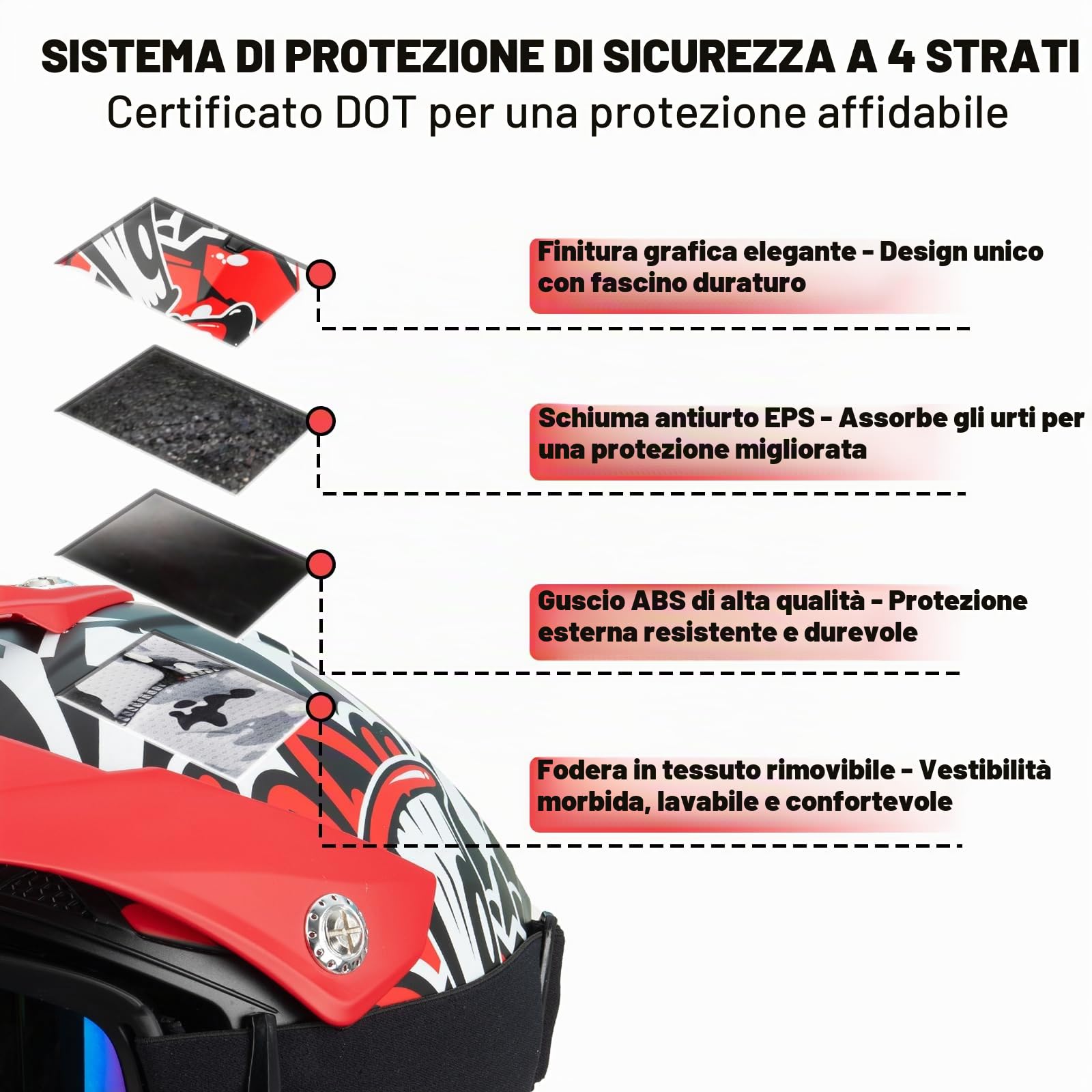 Favoto Casco Motocross Bambino con Occhiali e Visiera – Omologato ECE 22.06, Casco Cross per Dirt Bike, Offroad e Quad, Rosso-Nero M (51–52 cm)