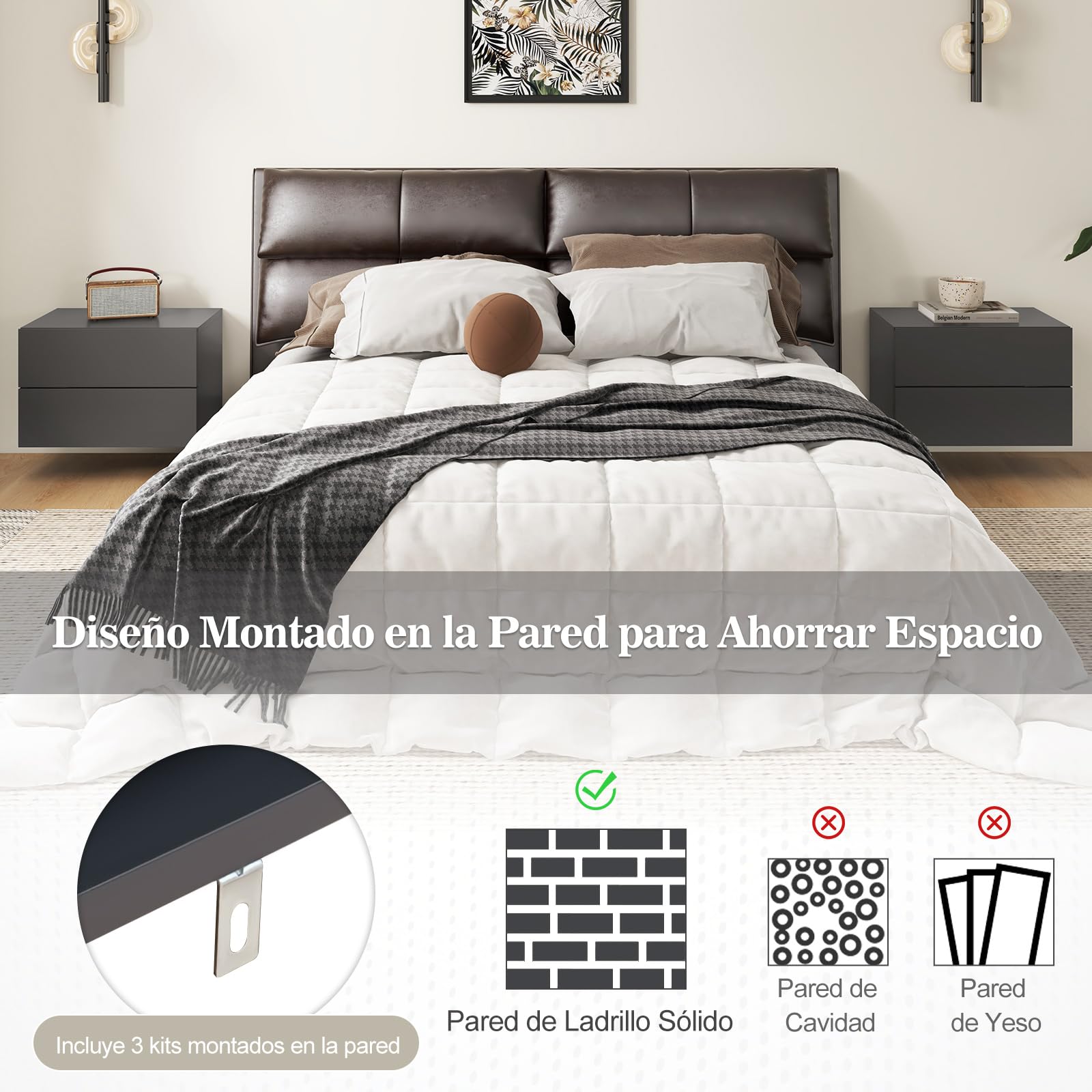 COSTWAY Mesita de Noche Flotante con 2 Cajones, Mesilla de Noche de Pared con Almacenaje, Mesita de Noche Colgantes Dormitorio Salon Sofa, 42 x 30 x 28 cm (Gris)