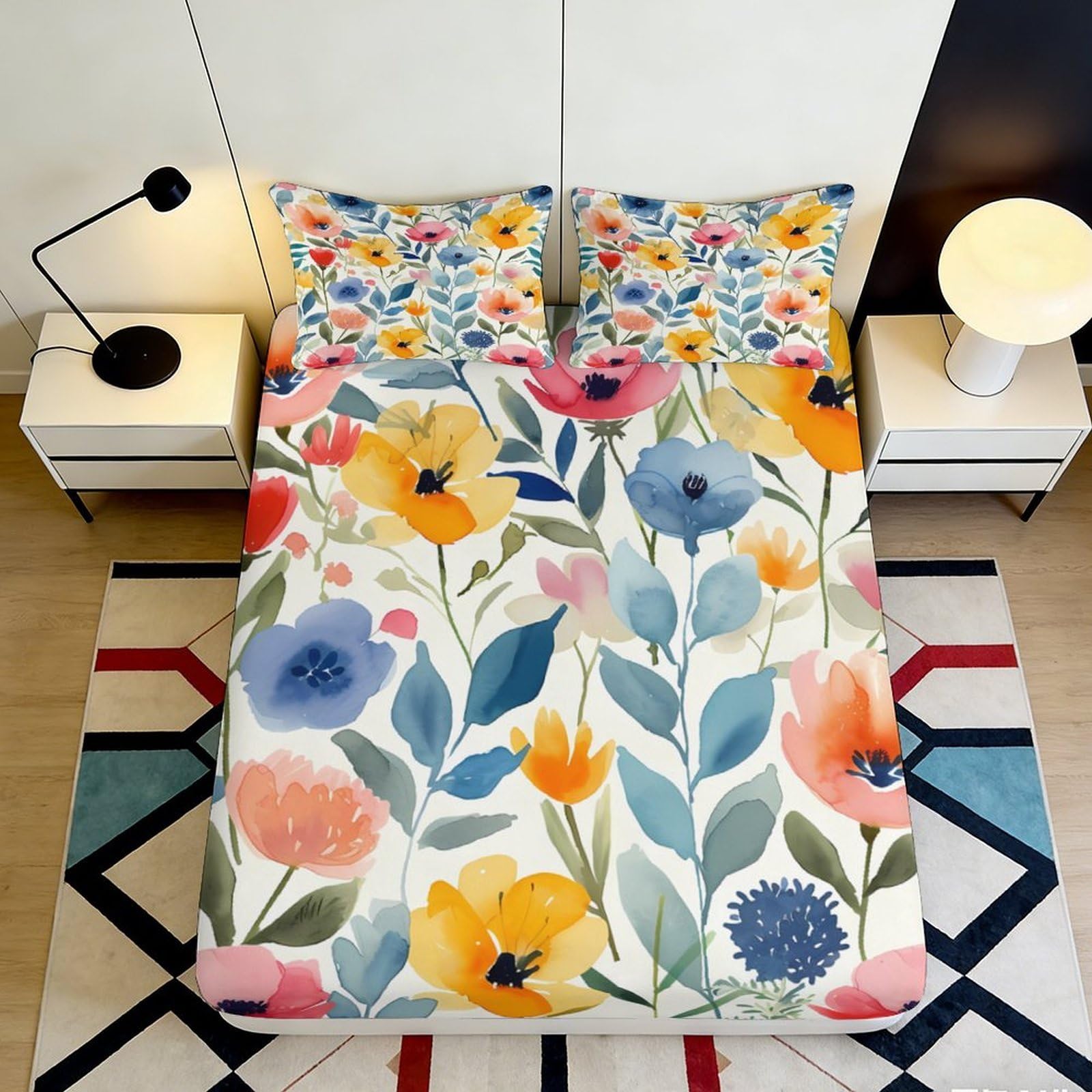 3D Printed Watercolor Floral Fitted Sheet Microfiber Vibrant Botanical Mattress Cover Bedroom Dorm Mattress Protector Decor 90x200x25cm