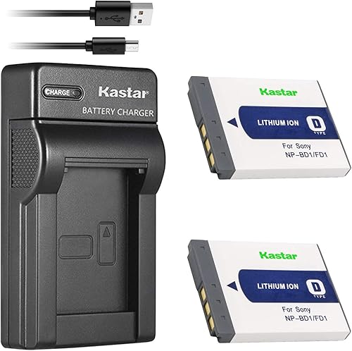 Kastar Batería (X2) y cargador USB delgado para Sony NP-BD1, NP-FD1, BC-CSD y Cyber-Shot DSC-G3, DSC-T2, DSC-T70, DSC-T75, DSC-T77, DSC-T90,