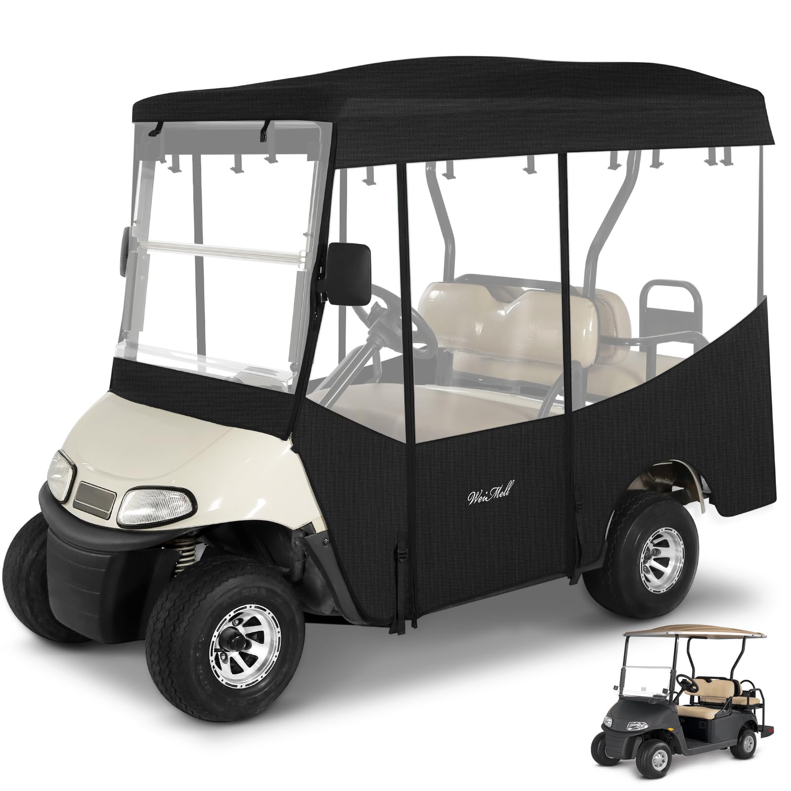 Photo 1 of WEIMELL Golf Cart Enclosure 4 Passenger for EZGO RXV 2+2 600D Waterproof Windproof Driving Rain Cover Fit 4-Seater 80" Extended Roof 4-Sided Clear Windows Roll-up Door Black