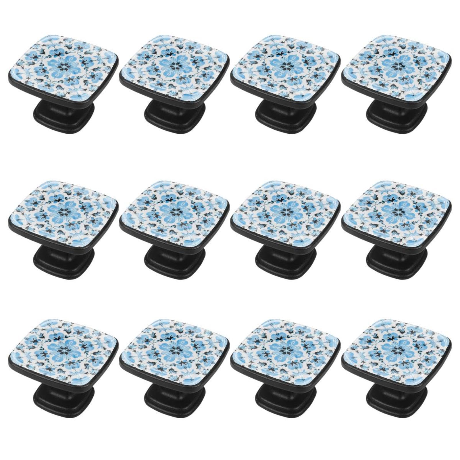 Pomos cuadrados para gabinete de cocina, pomos para cajones de tocador, 12 unidades, flor tradicional floral azul, pomos de puerta de armario