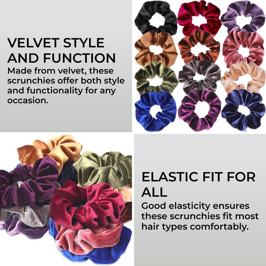 H&S Velvet Hair Scrunchies & Bobbles 12pcs – Elastic Ties & Ponytail Holders for Women, Girls & Thick Hair - Velvet Scrunchy