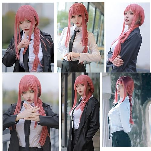 Miniatura 2 de Ebingoo Peluca rosa para mujer + gorra de peluca larga y recta, peluca sintética para cosplay, disfraz de Halloween, fiesta de anime