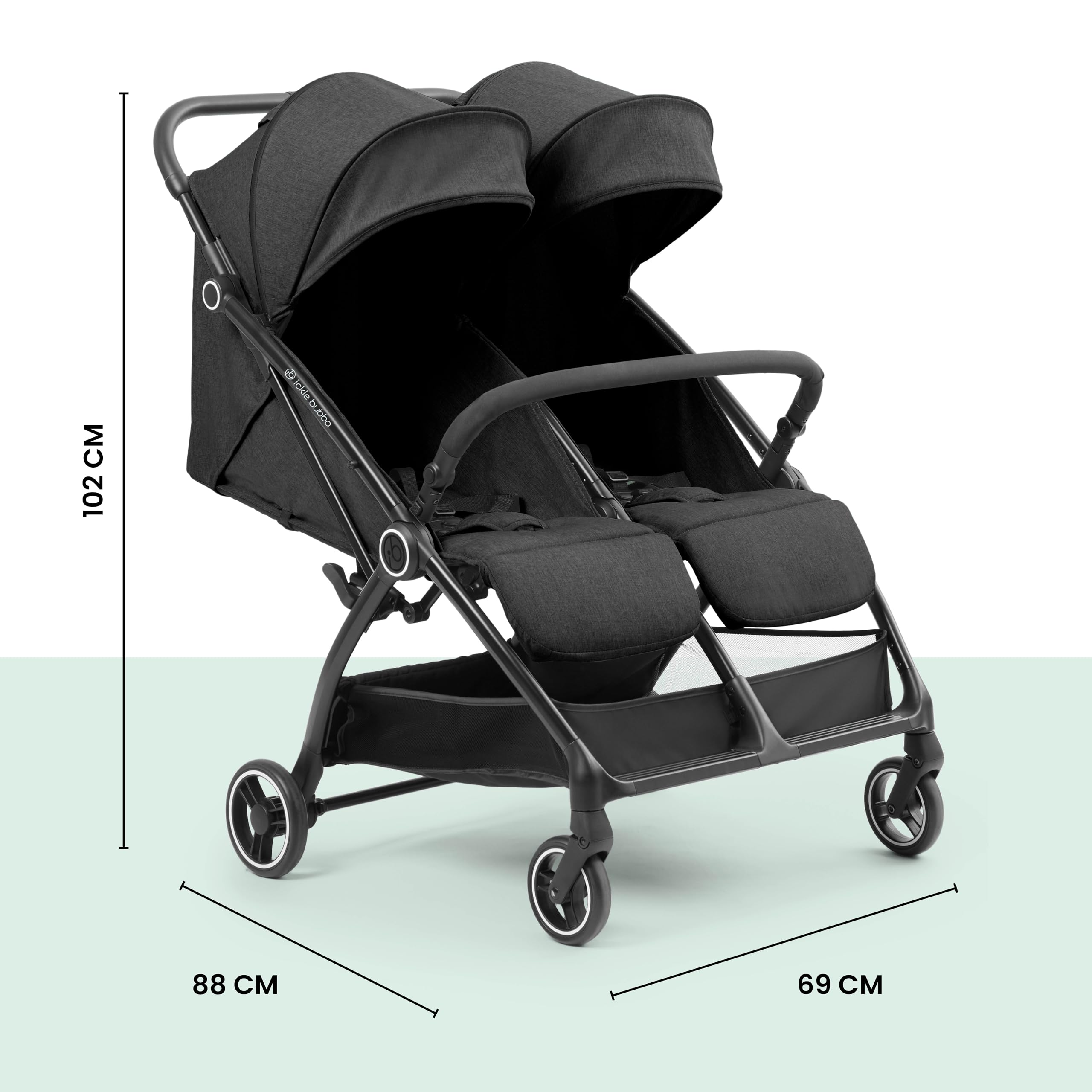 Ickle Bubba Aries Poussette double auto-pliable (gris graphite) – Poussette jumelle fine et légère de 10,5 kg, pliage automatique à une main, sièges réglables, pare-soleil ventilés, housse de pluie