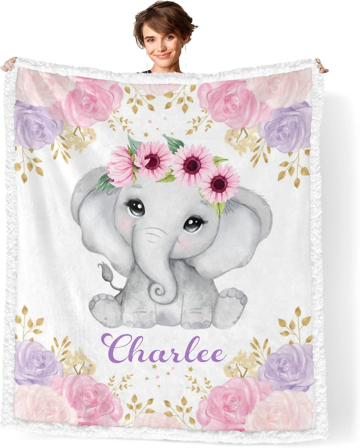 Pink Floral Elephant Personalized Sherpa Baby Blankets for Boys Girls,Soft Newborn Naps Custom Name Blanket for Shower Gift 30x40 in