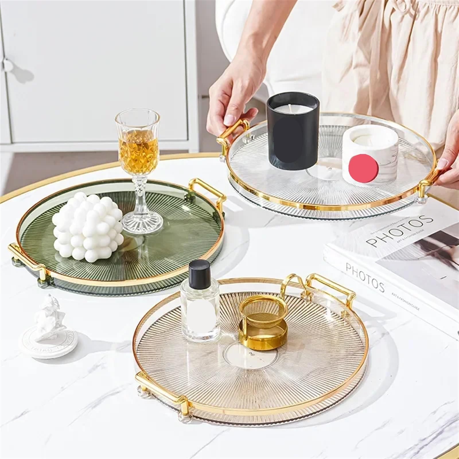 Bandeja Bandeja de Almacenamiento Redonda for el hogar, mesita for café de Sala de Estar, Plato de Almacenamiento for Tazas de té, Bandeja organizadora, decoración del hogar(Clear)