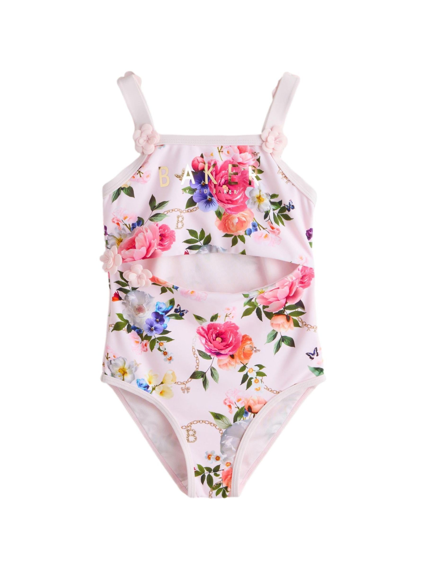Ragazza Costume Intero Rosa con Stampa a Fiori e Cut-out Rosa