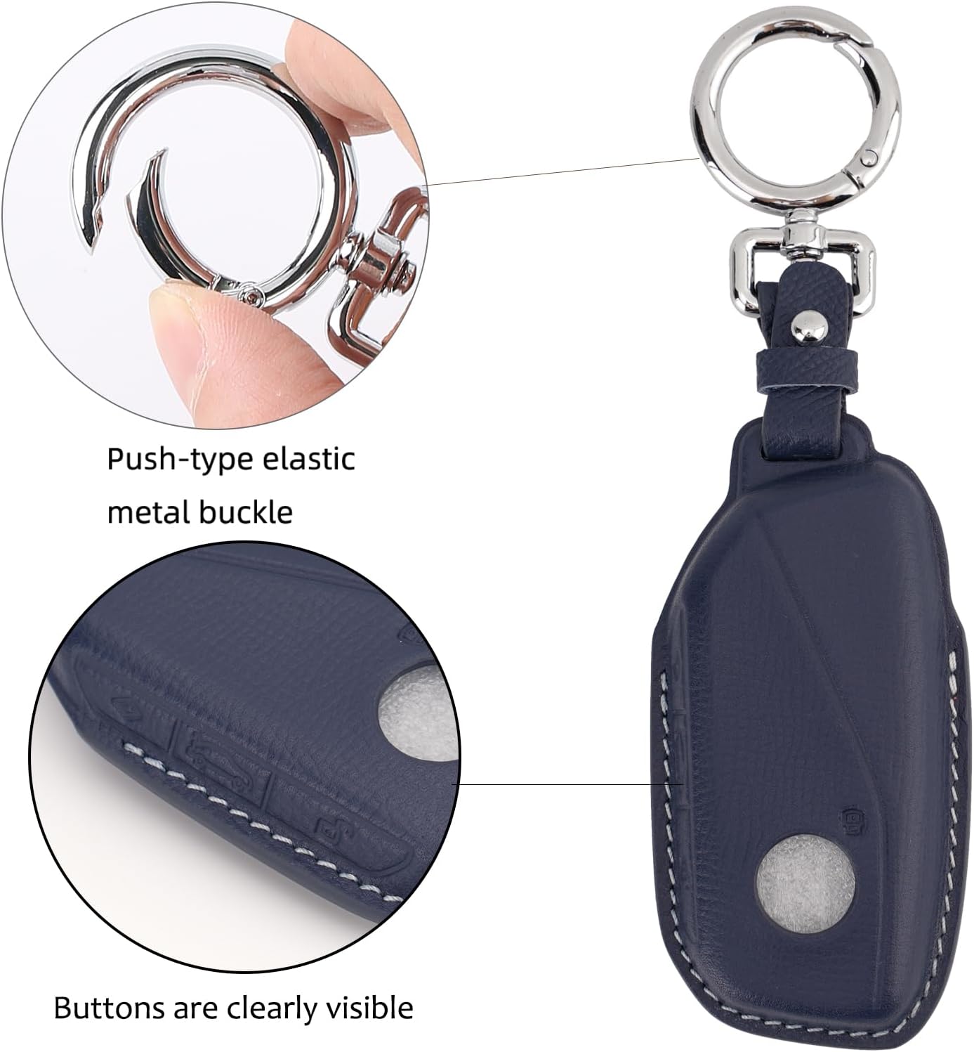 Leather Key Fob Cover Compatible with BMW 2023-2024 5/7 Series 740i 760i X1 X5 X6 X7 XM iX iX3 i5 i7 Smart Remote (Blue)