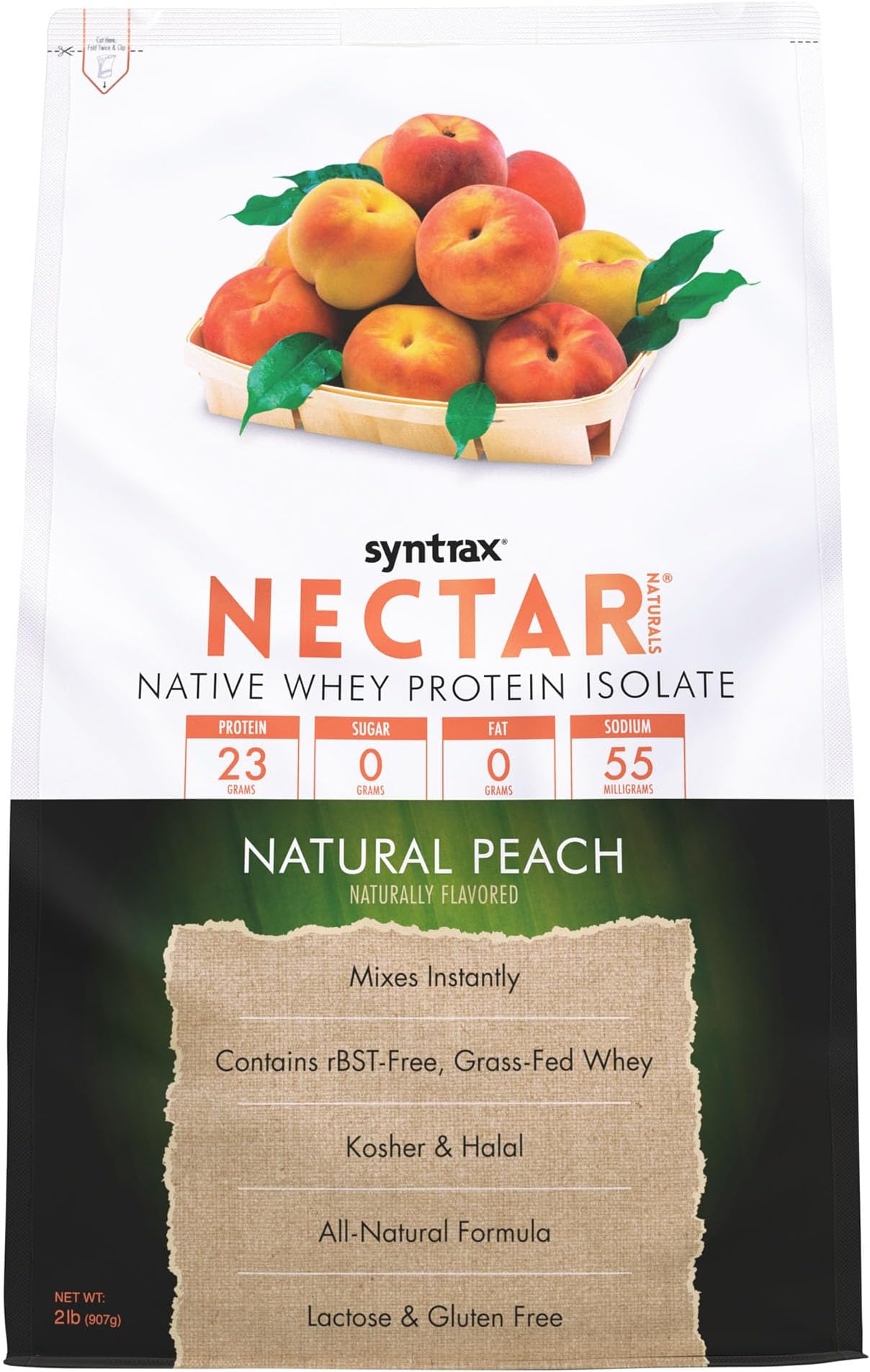Nectar Naturals, Native Grass-Fed Whey Protein Isolate, Refreshing Fruit-Juice Flavor, RBST-Free, All-Natural Formula, Mixes Instantly, Lactose & Gluten Free, Natural Peach, 2 Pound