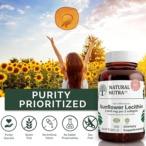 Miniatura 4 de Natural Nutra Suplemento de lecitina de girasol de 2000 mg, mejora la función hepática, refuerzo de memoria, sin OMG, sin gluten, 120 cápsulas