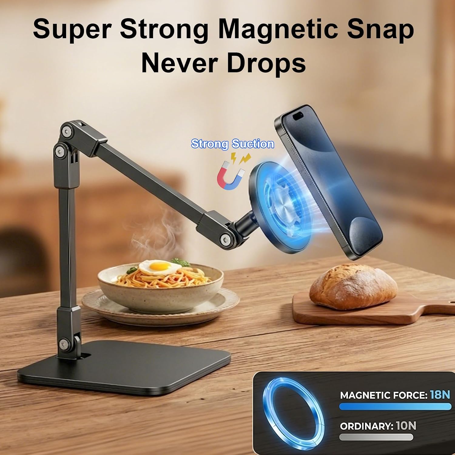 Magnetic Overhead Phone Mount for Nail, Adjustable Smartphone Holder for Desk, Stand for Cooking Videos, Content Creator, Live Streaming, Filming, Video Recording