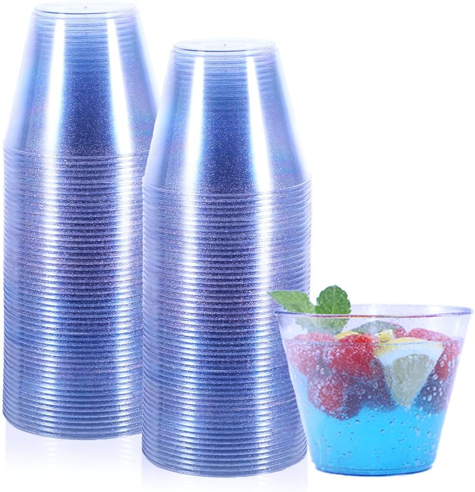 Homy Feel 9 Oz Blue Glitter Plastic Cups - 100PCS, Disposable Cocktail & Wine Cups for Wedding Party