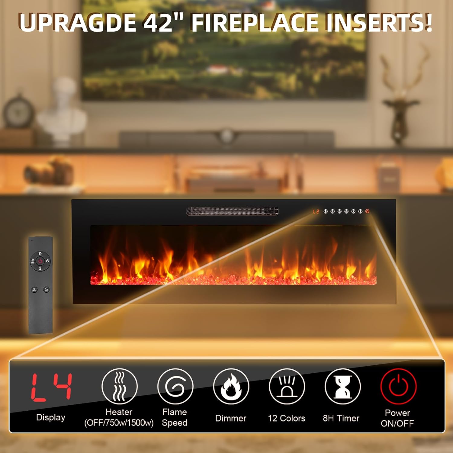 80 inch TV Stand with Electric Fireplace 42", Modern Fireplace Entertainment Center for Up to 90" TVs, LED Lights, 2 Tier TV Console Storage Cabinet Black