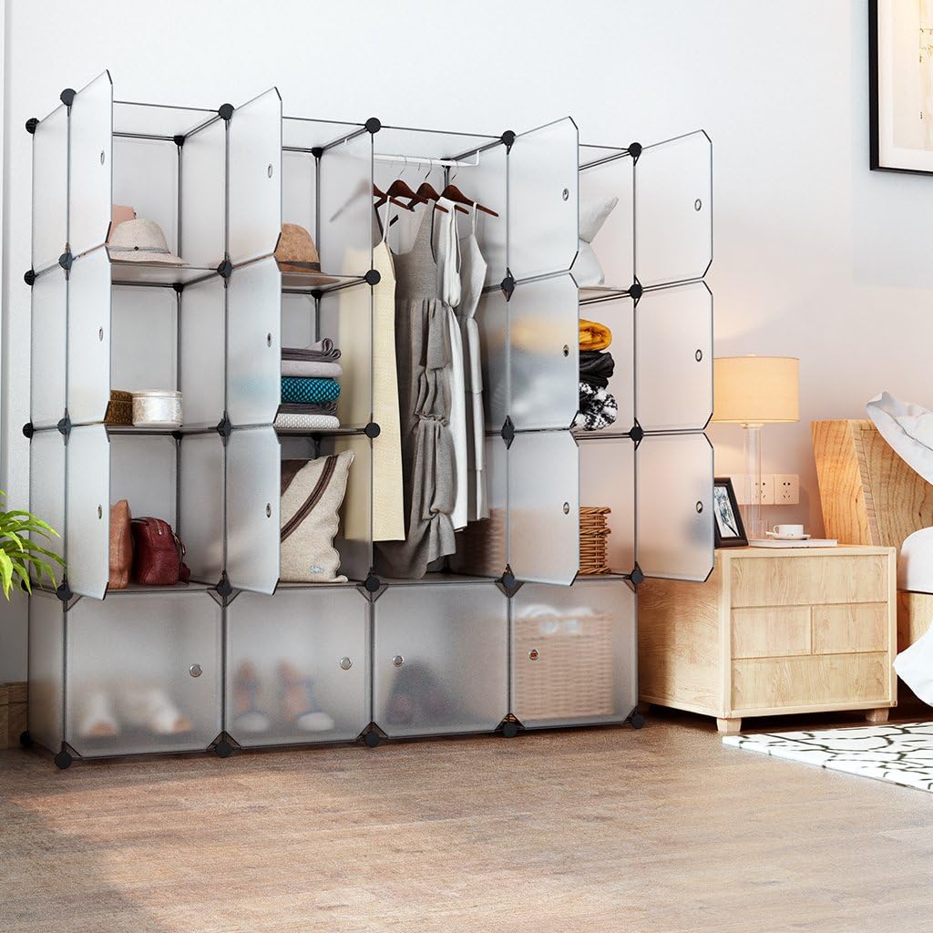 LANGRIA 16 Storage Cube Organizer Plastic Cubby Shelving Drawer Unit, DIY Modular Bookcase Closet System Cabinet with Translucent Design for Clothes, Shoes, Toys (White)