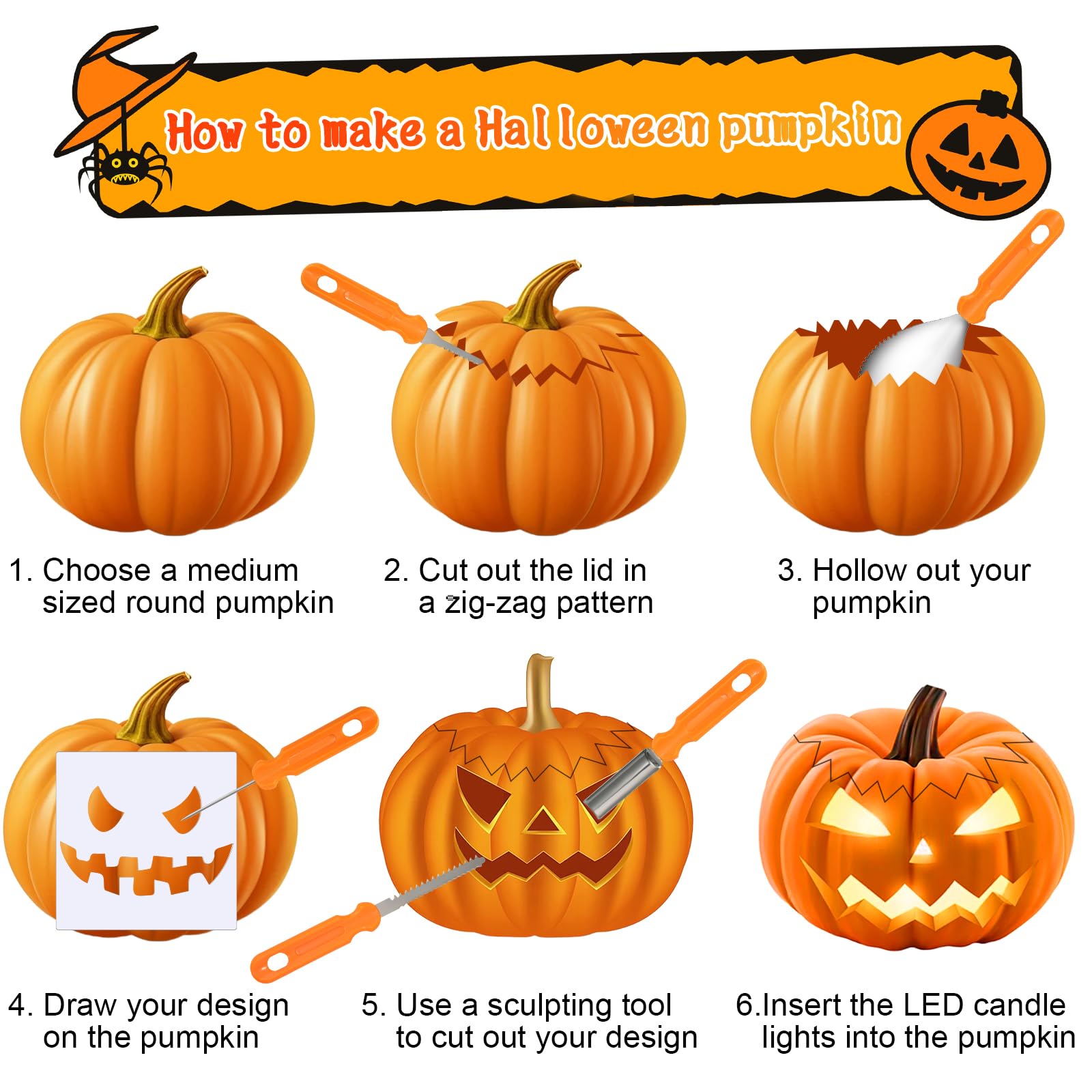 Kit de Calabaza Tallado de Halloween,Juego de Tallado de Calabaza de Halloween,Herramientas para Tallar Calabazas con Bolsa de Almacenamiento y 6 Plantilla de Grabado para Adultos Inoxidable
