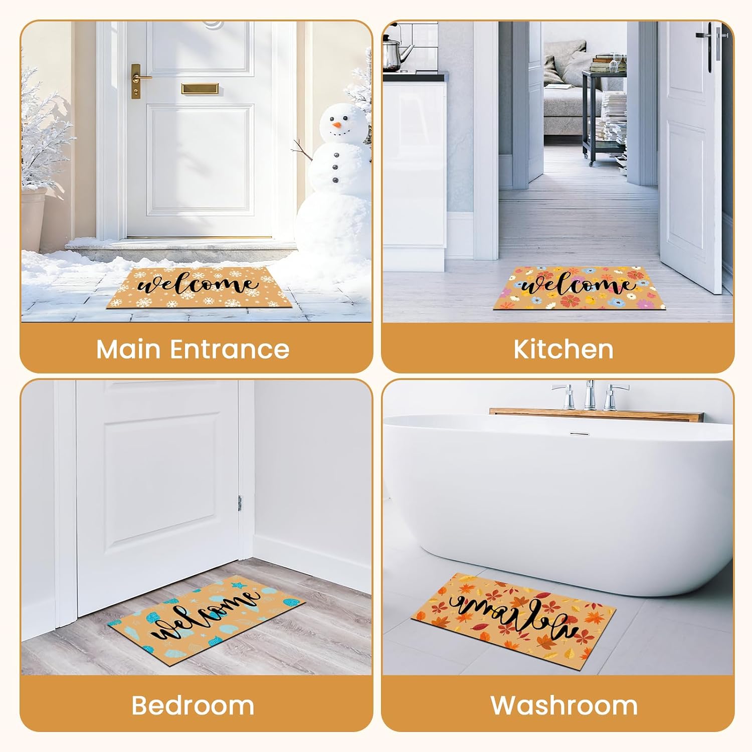 4pcs Interchangeable Seasonal Welcome Mat Front Door Outdoor Doormat Set Not Include Rubber Tray Base, 4 Seasons Decorative Inserts Spring Summer Autumn Winter Holiday Entryway Porch Decor 22 * 10in