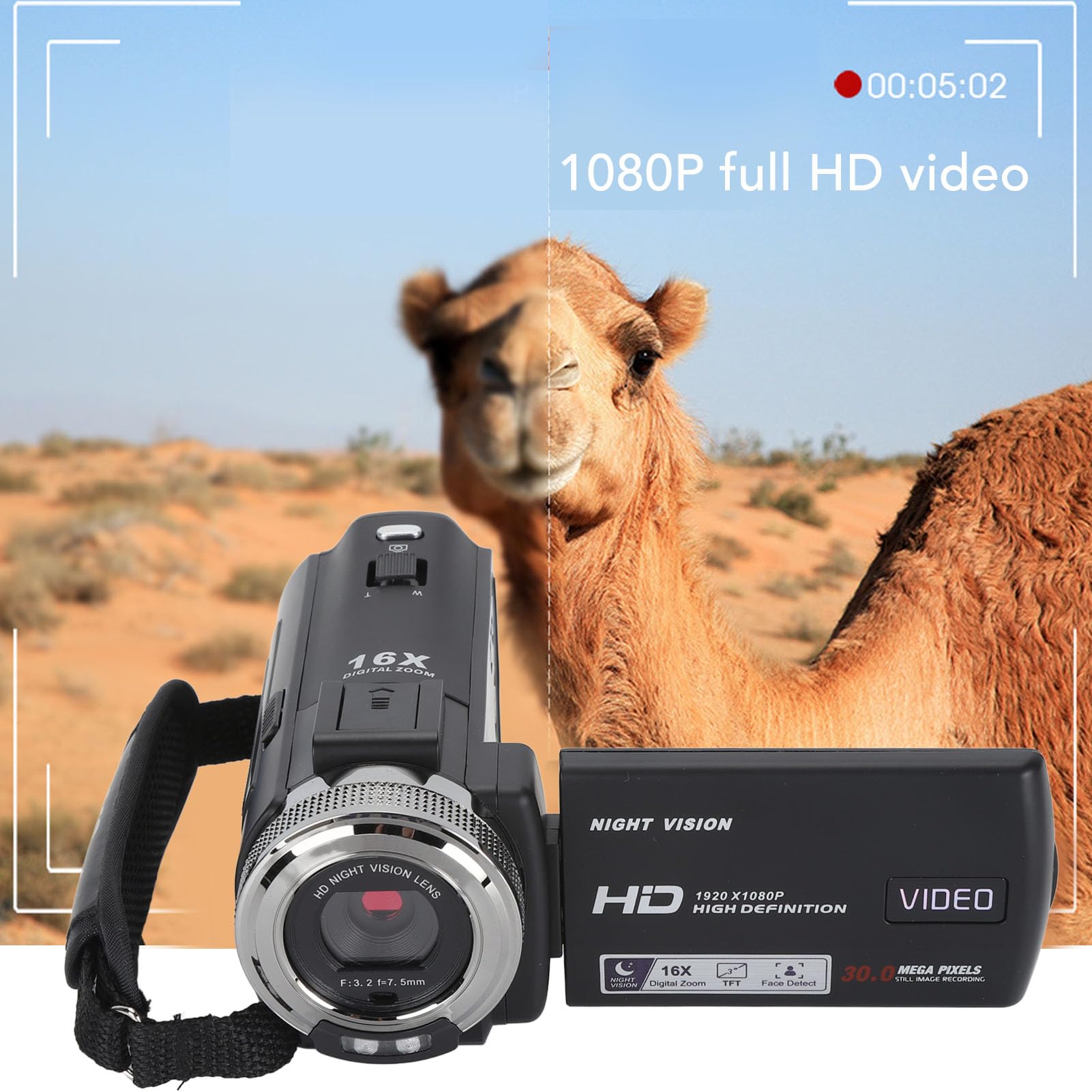 SIXRUN Videocamera Digitale Videocamera Full HD 1080P 30MP Zoom Digitale 16X Visione Notturna Modalità Bellezza per Vlogger di Viaggio