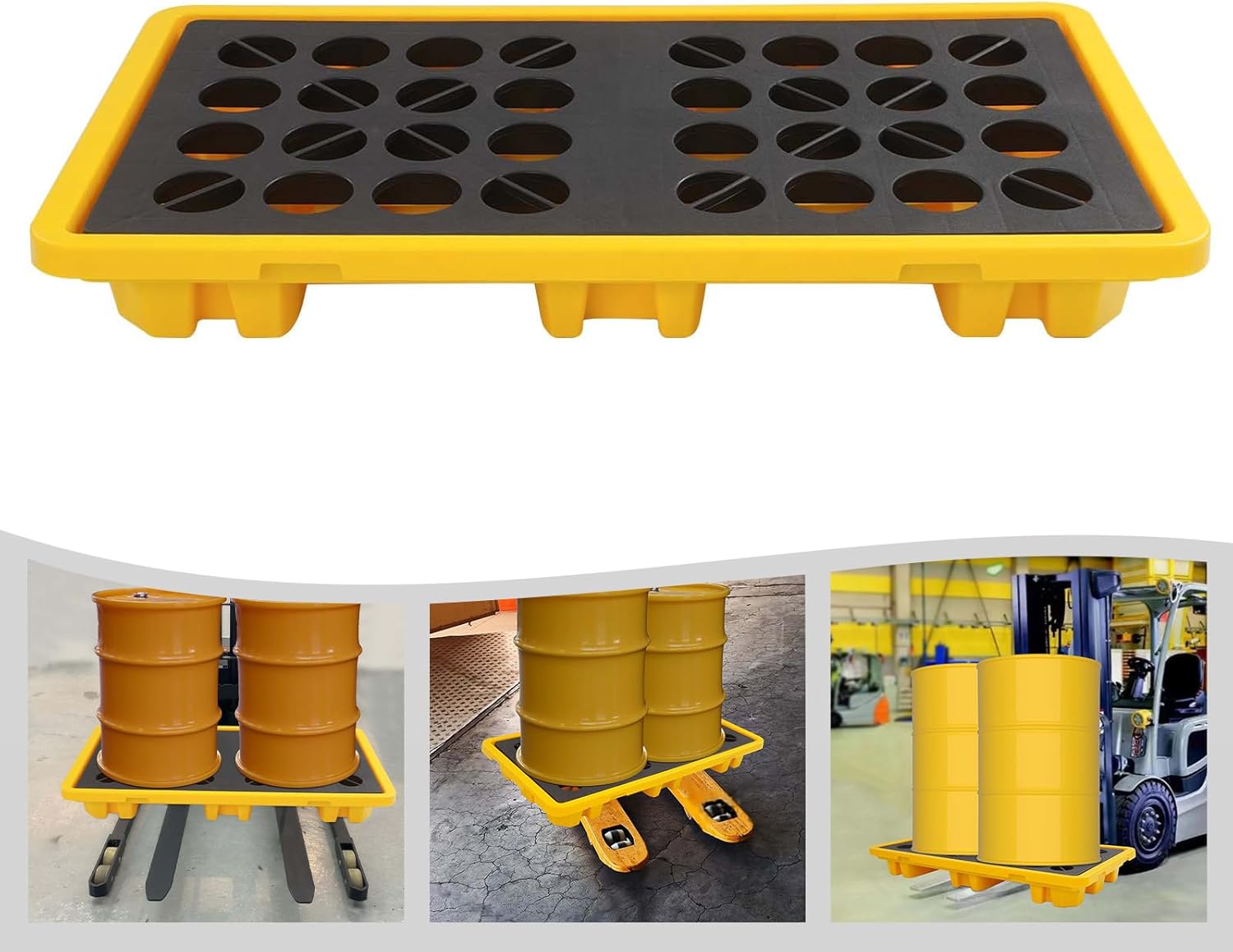 Spill Containment Platform, 4409Lbs Capacity 2 Drum Spill Containment Pallet, Industrial Low Modular Platform, Heavy Duty Forkliftable Tray for Warehouse, Factory, Logistics Center, Storage Facility