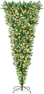 HAPPYGRILL 7.5FT Pre-Lit Upside Down Christmas Tree Snow Christmas Tree with 1100 Branch Tips, 400 LED Lights, 8 Lighting Modes, Artificial Xmas Tree for Holiday Decor