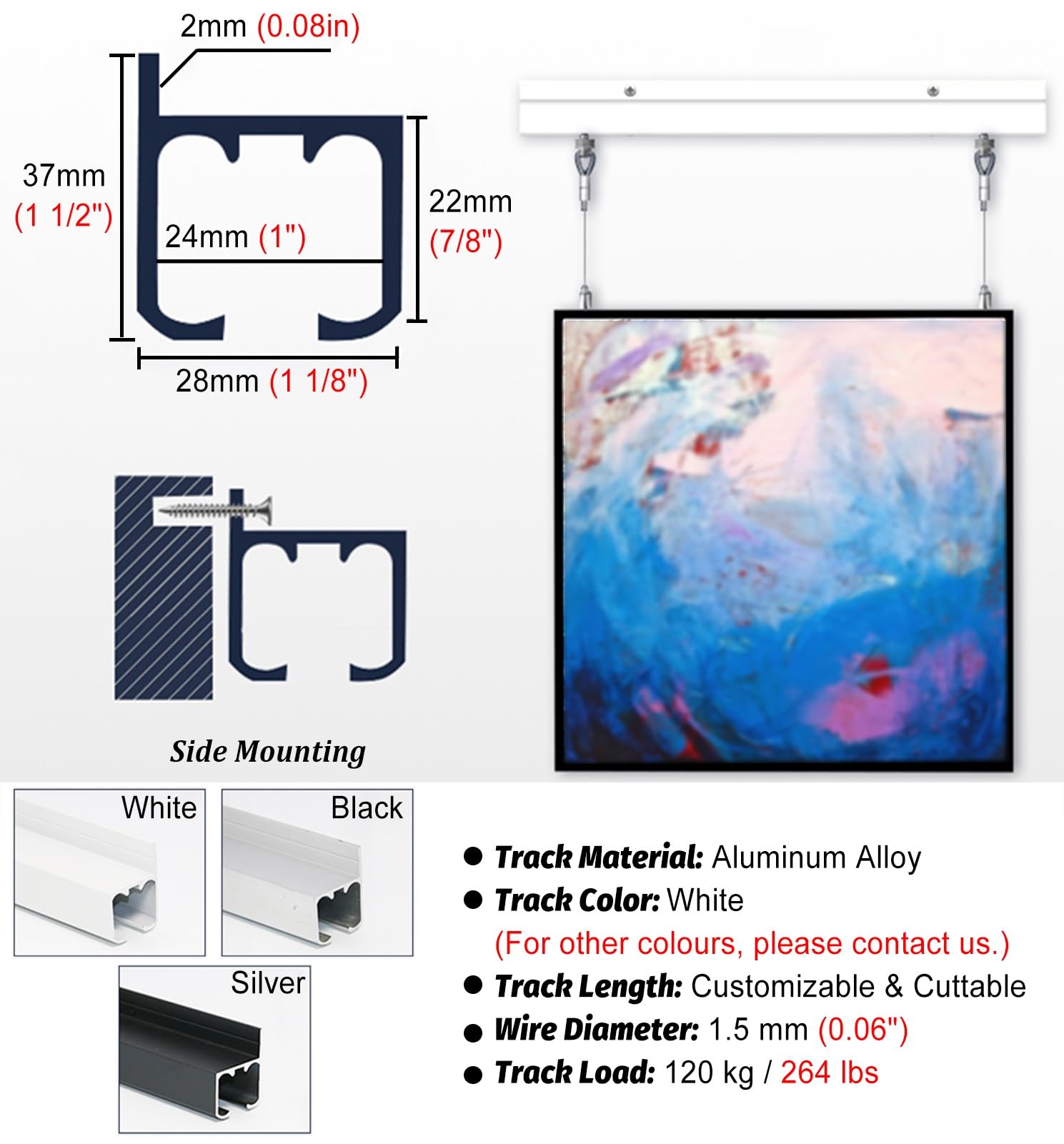 Cimaise pour Tableau Cadre D'affichage avec 2 Chaînes et 4 Crochets, Système D'accrochage Mural pour Photos, Kit de Rails en Aluminium pour Cadres Photo(1m/3.3' Wire,45"/115cm Track)