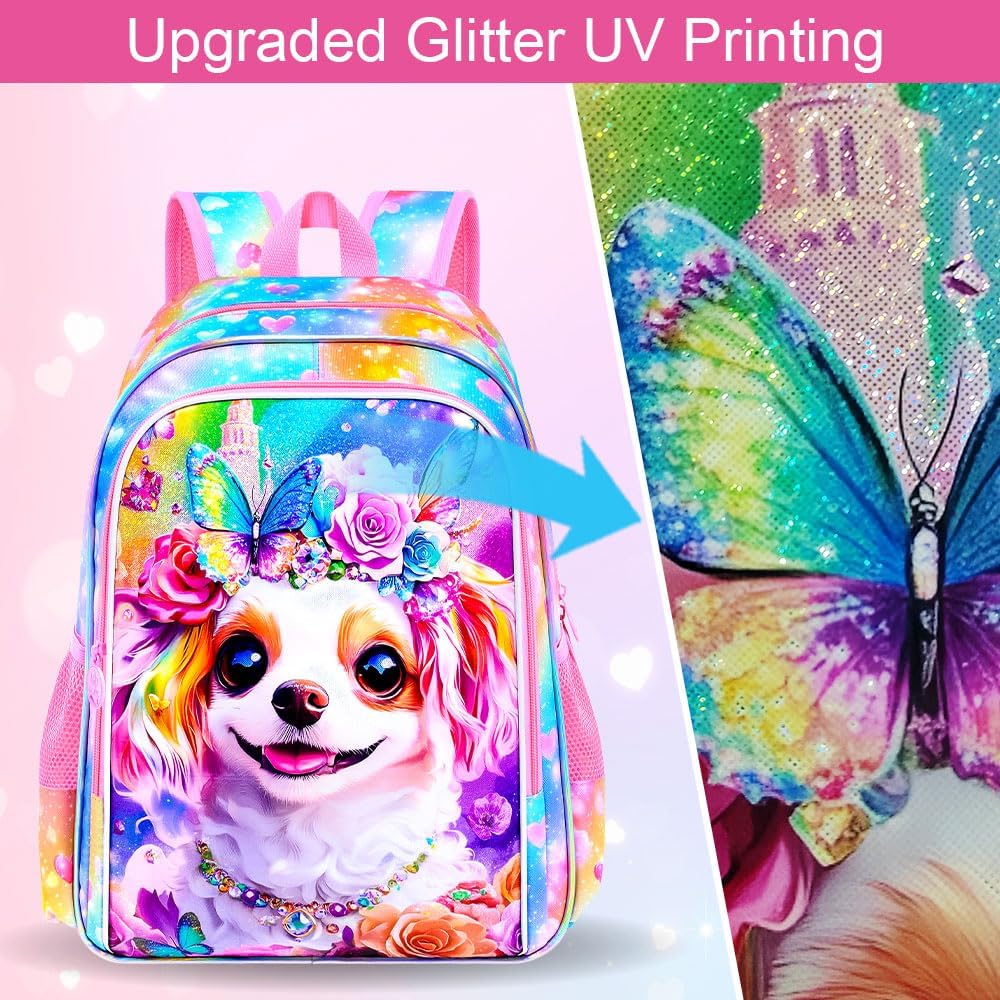 HPJGD 3PCS Girls Dog Backpack, Water Resistant Kids Bookbag Set with Lunch Box, Cute Elementary School Bag for Preschool Toddler - Diamond Dog