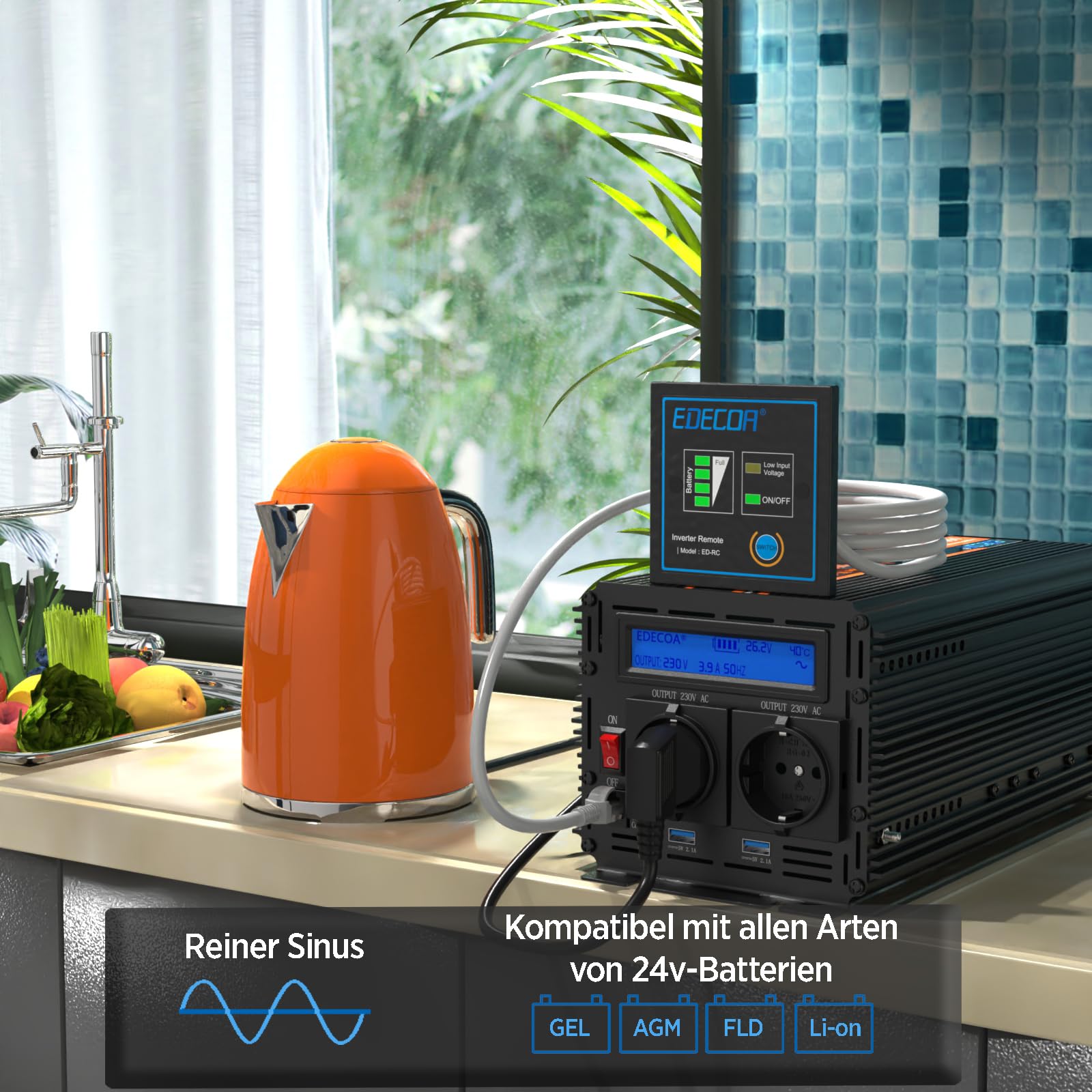 EDECOA Wechselrichter 24v 230v 2000w Reiner Sinus Spannungswandler mit ECO-Modus LCD-Bildschirm 2X USB und Fernbedienung Spannungswandler 2000w und kurzfristige Spitze 4000w Power Inverter