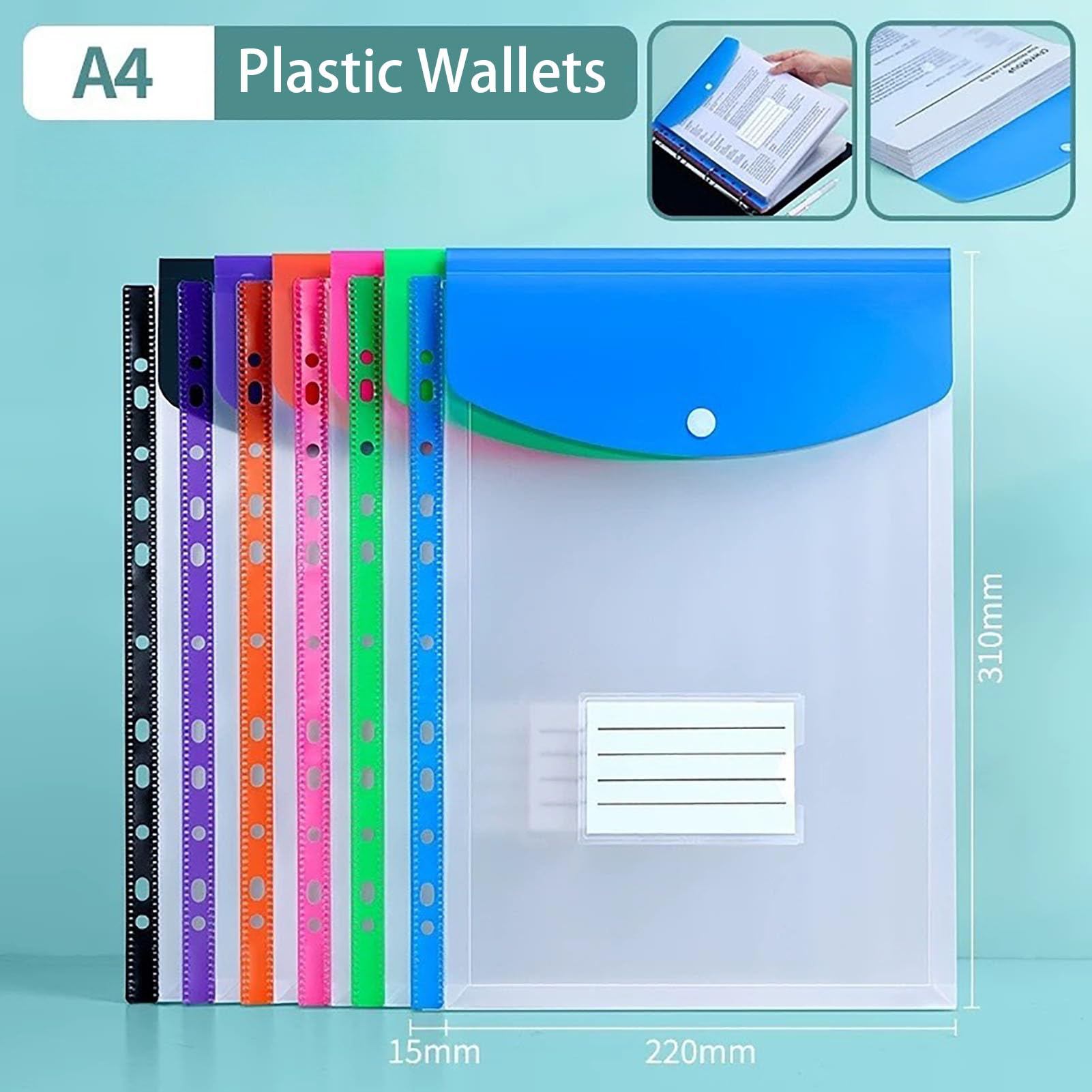 Confezione da 30 Portadocumenti Verticali A4 in plastica, Tasche espandibili con Foro e Bottone - Cartelle Resistenti per Scuola, Ufficio, casa e Viaggio