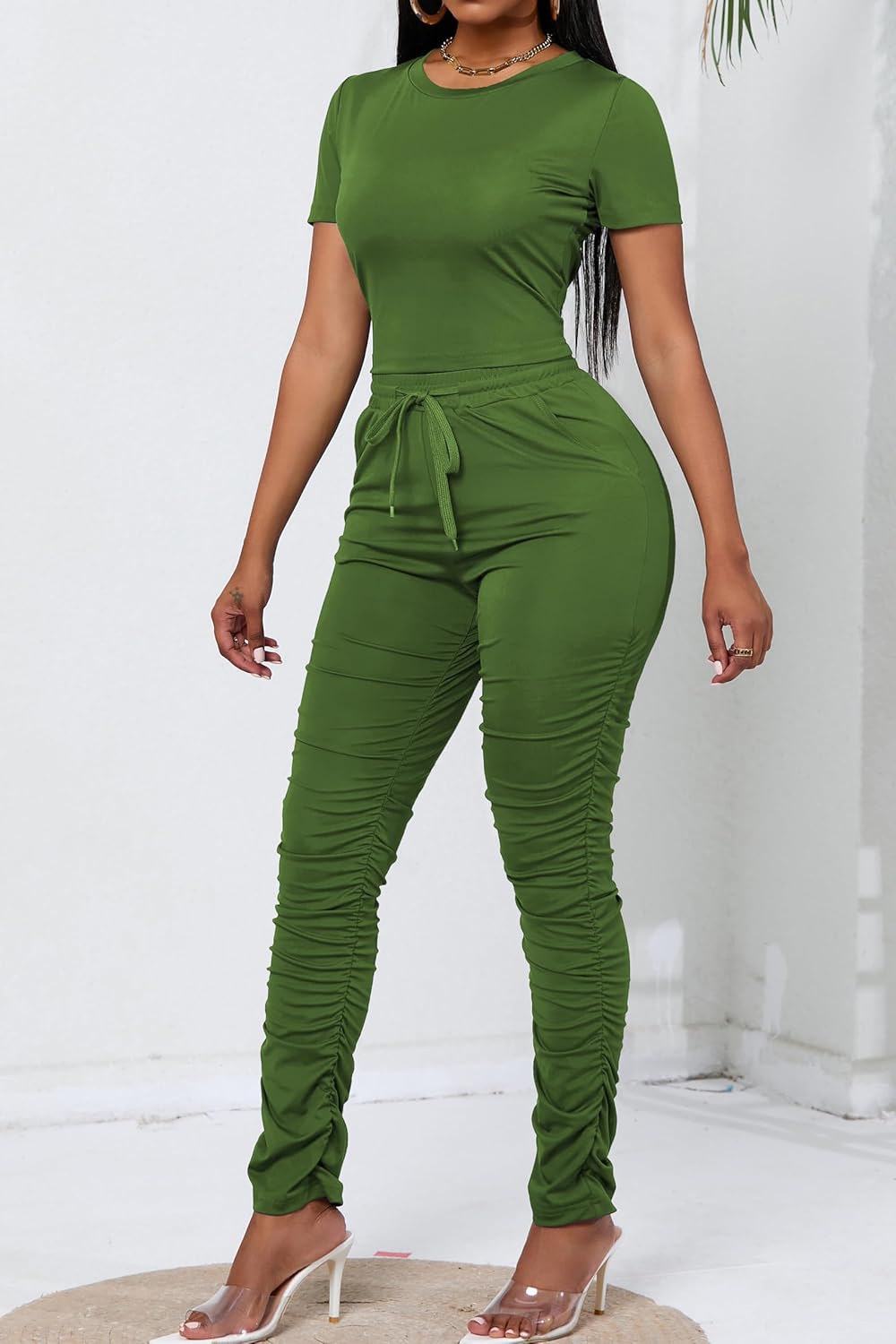 PINSV Women's 2 Piece Outfits Bodycon Lounge Wear Crop Top Stacked Pants Going Out Jogging Tracksuit Sets - Image 4